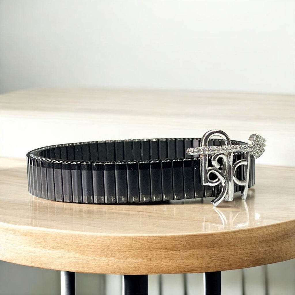 Side profile showing the secure clasp of the unisex 925 Silver Shiv Trishul Bracelet.