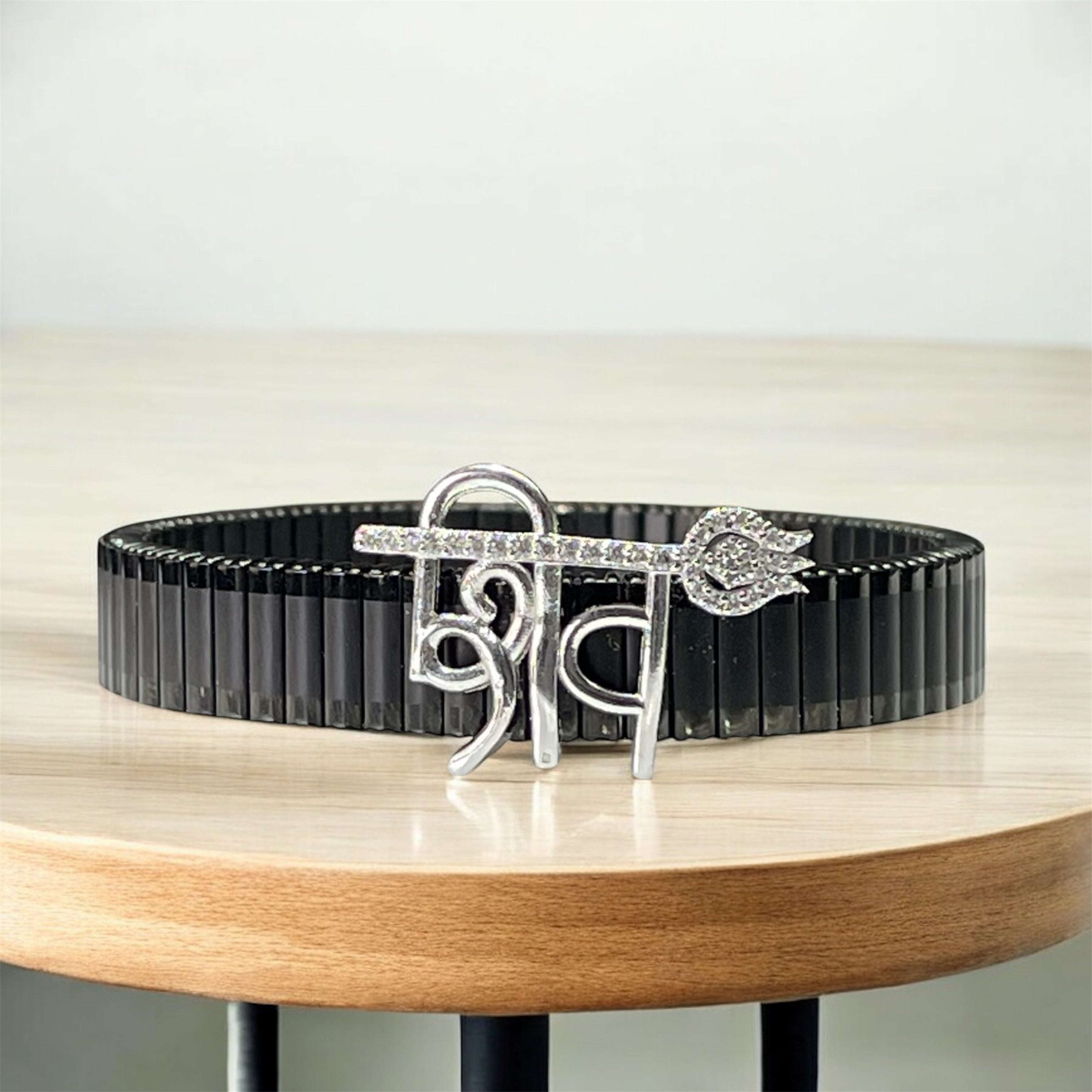 Front view of the 925 Silver Shiv Trishul Bracelet with sparkling iced trident motif.