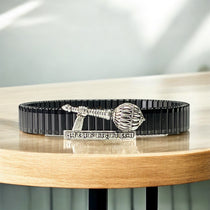 Front view of the 925 Silver Hanuman Gada Bracelet featuring an engraved mantra on a black steel strap.