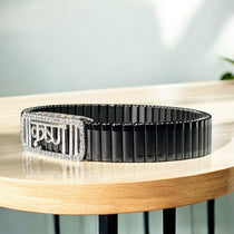 Close-up detail of the iced border and sterling silver Krishna centerpiece on this devotional bracelet.