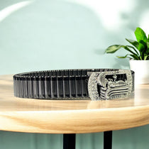 Side profile of the 925 Silver Vishnu Ananta Shesha Bracelet with its black steel strap.