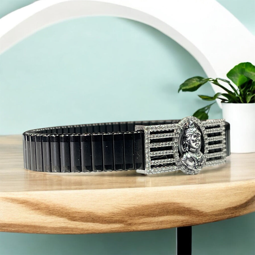 Side profile of the unisex 925 Silver Ram Lalla Bracelet showing the durable black stainless-steel strap.