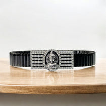 Front view of the 925 Silver Ram Lalla Bracelet featuring a divine iced border and black strap.
