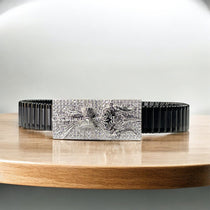 Front view of the 925 Silver Trishul Bracelet featuring iced stone accents and a black steel strap.