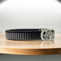 Close-up detail of the 925 Silver Shankha and Chakra motifs on the Tirupati Balaji bracelet centerpiece.
