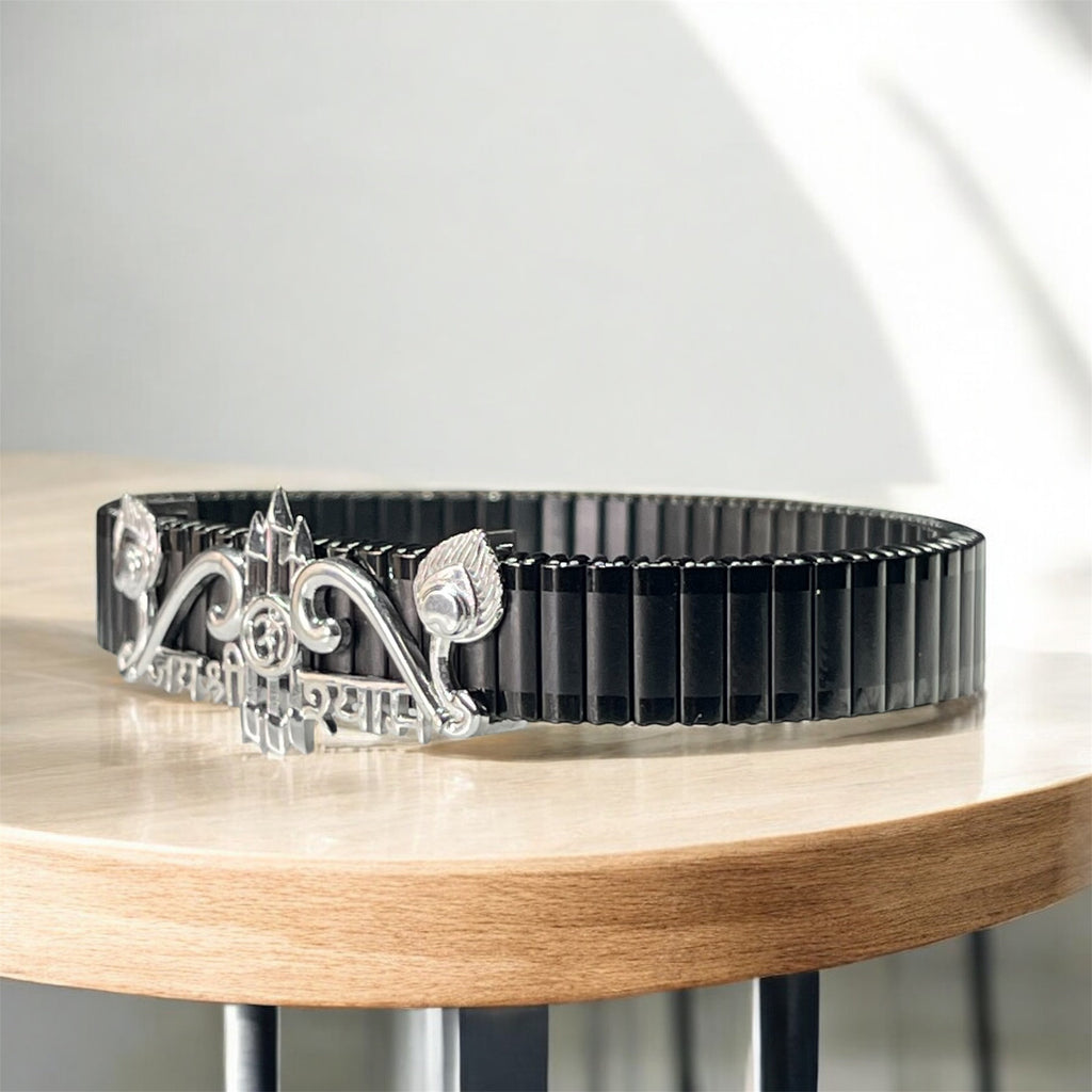 Side profile of the unisex 925 Silver Khatu Shyam Ji Bracelet with black stainless steel strap.