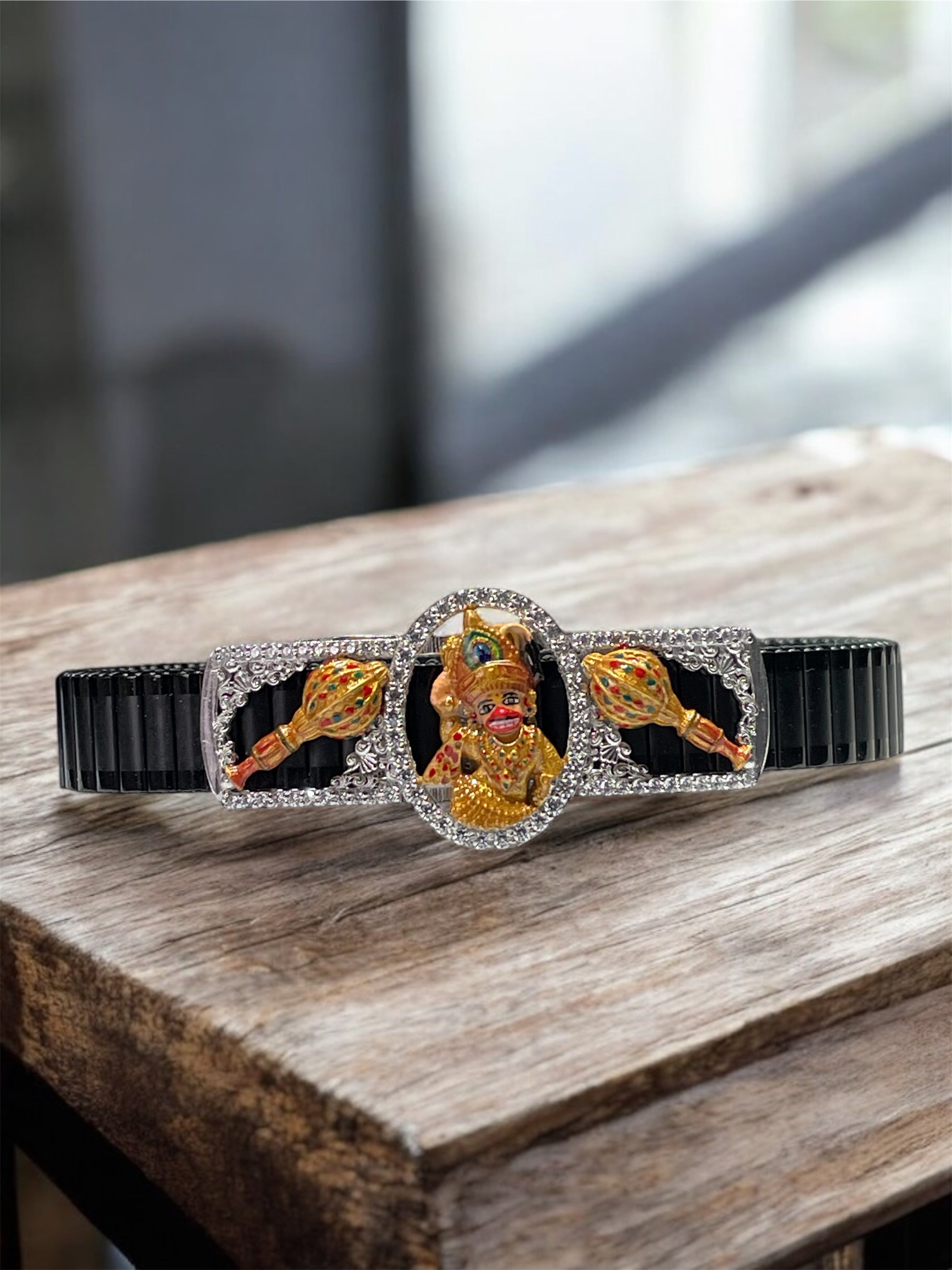 Front view of the 925 Silver Salangpur Hanumanji Bracelet featuring a vibrant enamel motif and stone border. Main image