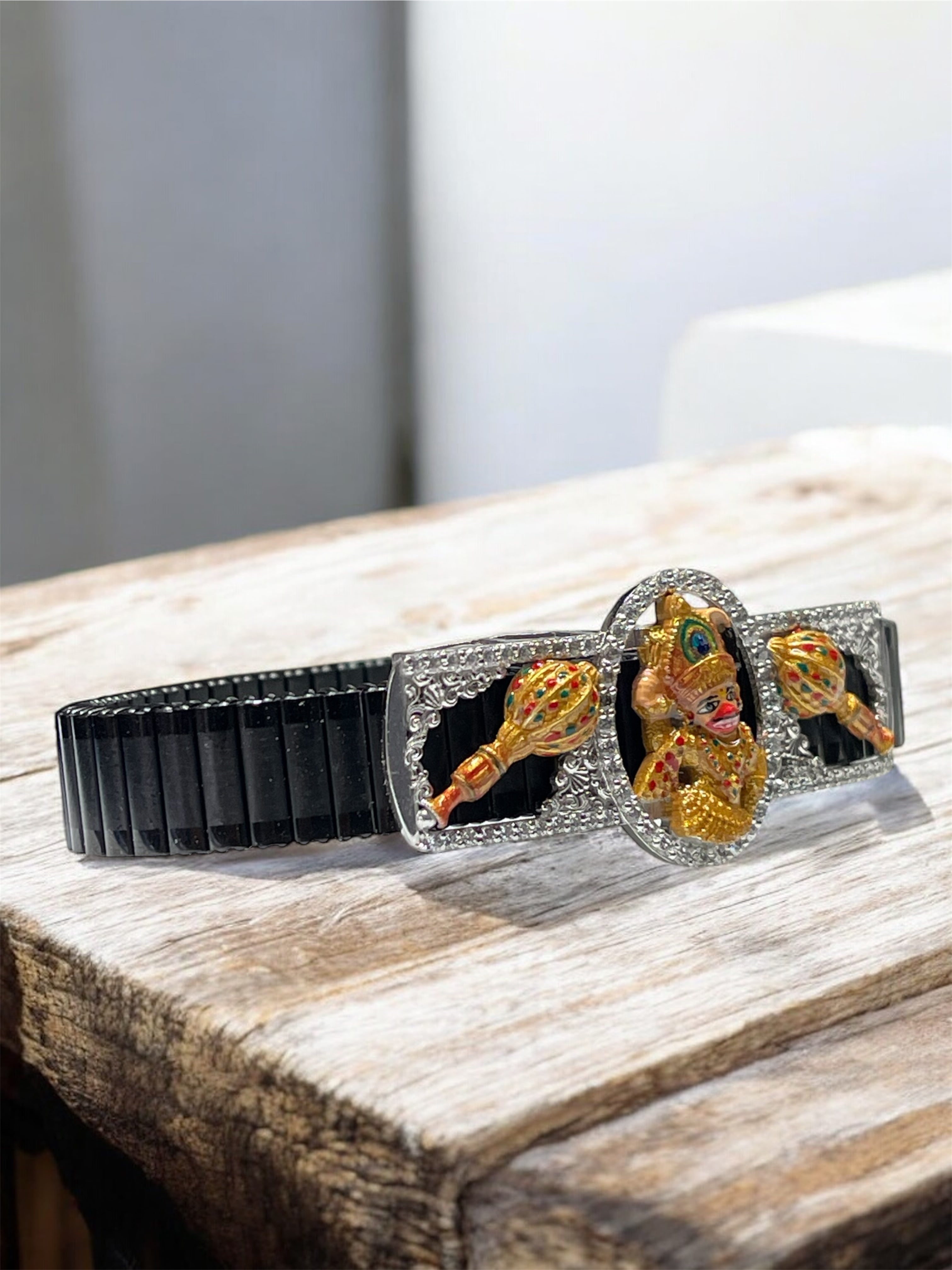 Close-up detail of the 925 Silver Salangpur Hanumanji Bracelet showcasing dual gada design and iced finish.