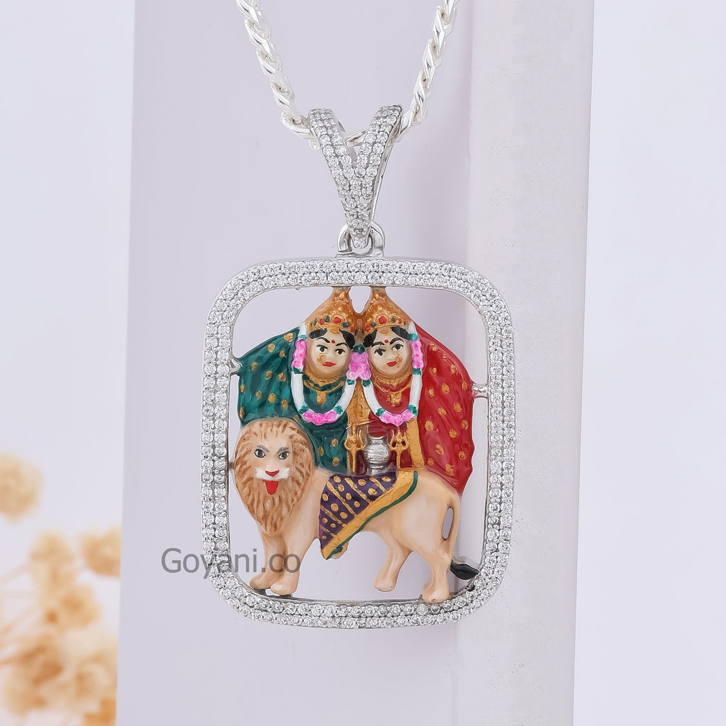 Angled shot of the Enamelled Chamudamaa 925 Silver Pendant, highlighting its 1.5-inch size and pure silver shine.