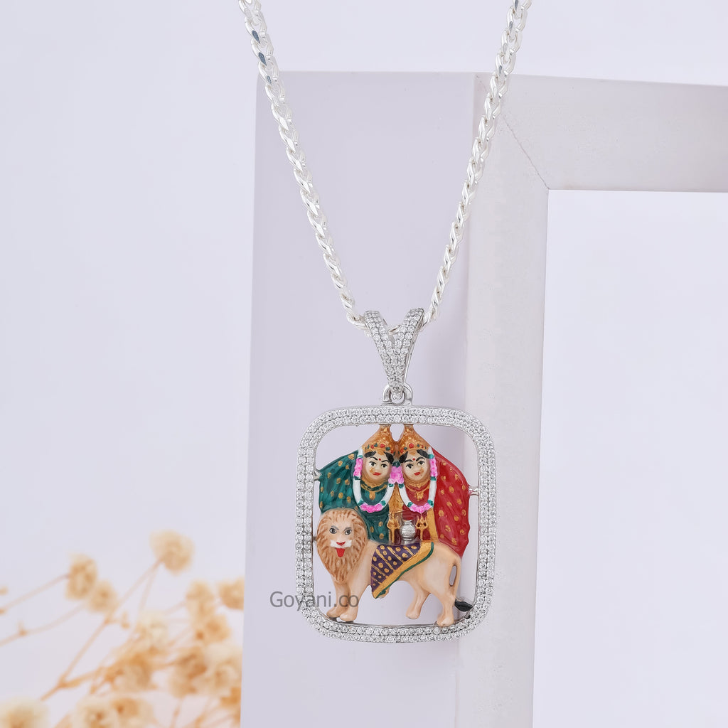 Front view of the Enamelled Chamudamaa 925 Silver Pendant, showcasing its vibrant mina work and diamond details.