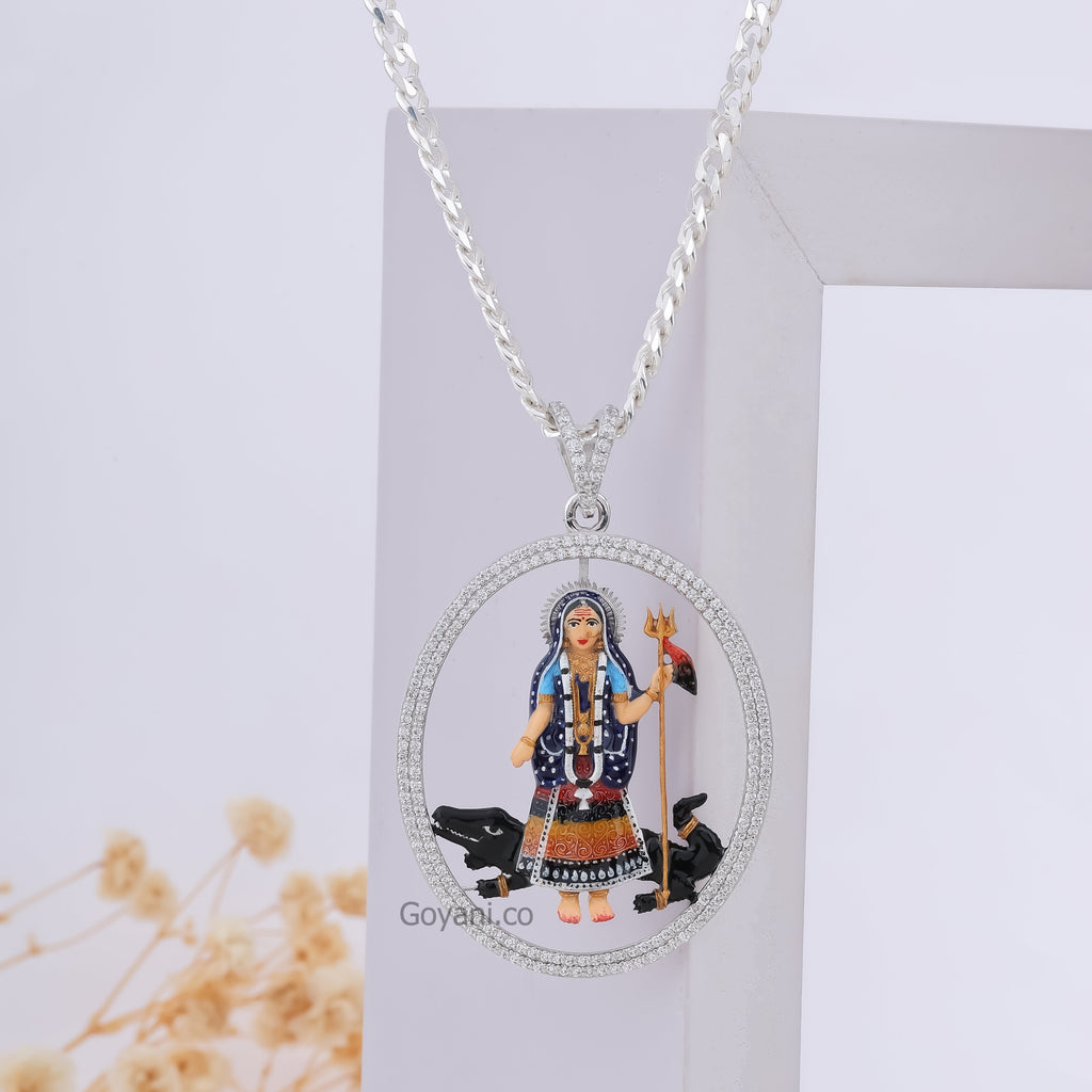Front view of the handcrafted Khodiyarmaa Enamel 925 Silver Pendant with vibrant colors and diamond details.