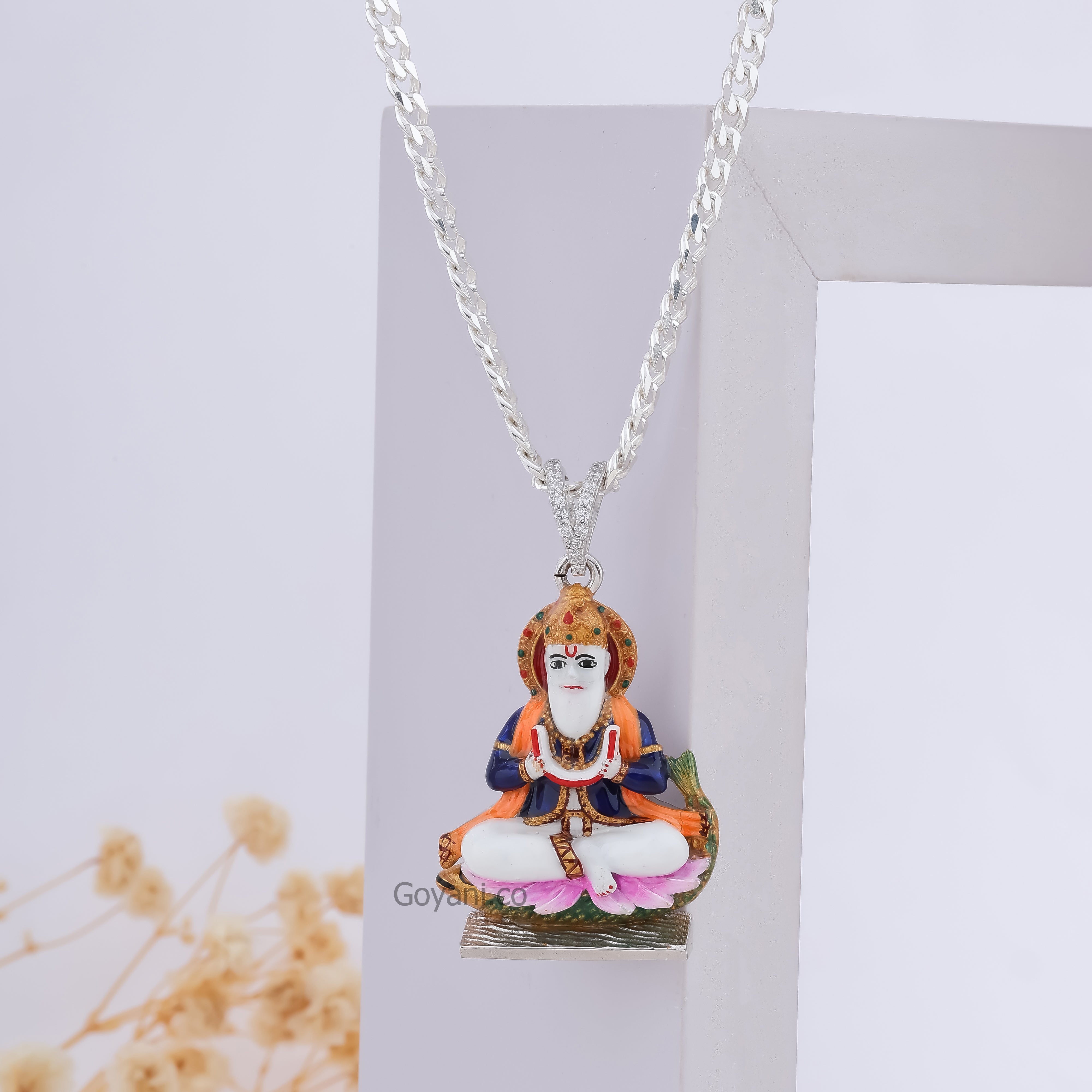 Front view of the Jhulelal Enamel 925 Silver Pendant, showing the detailed Mina work on a white background. Main image