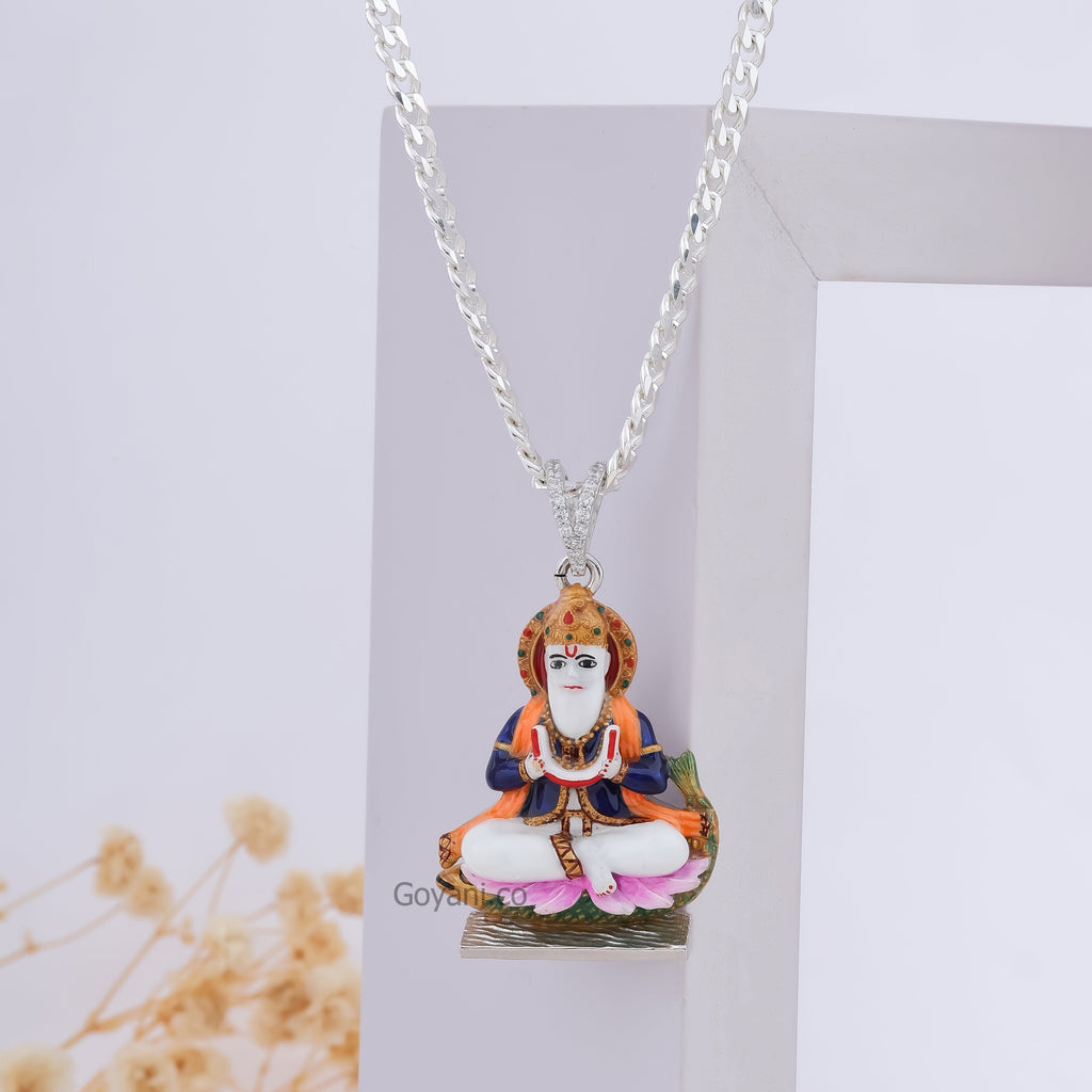 Front view of the Jhulelal Enamel 925 Silver Pendant, showing the detailed Mina work on a white background.