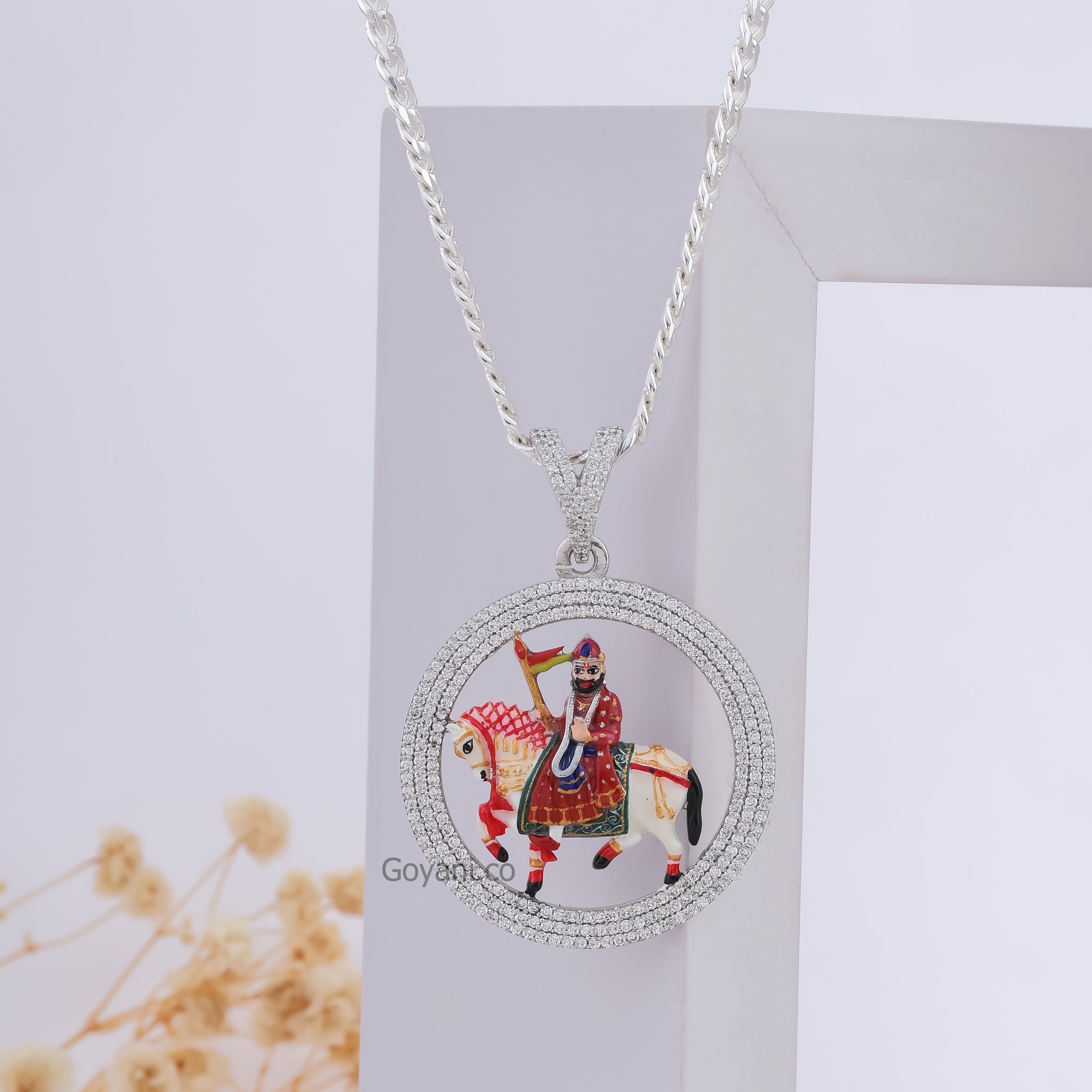 Front view of the Ramdev Pir enamel 925 silver pendant, showcasing the vibrant mina work and deity's image. Main image