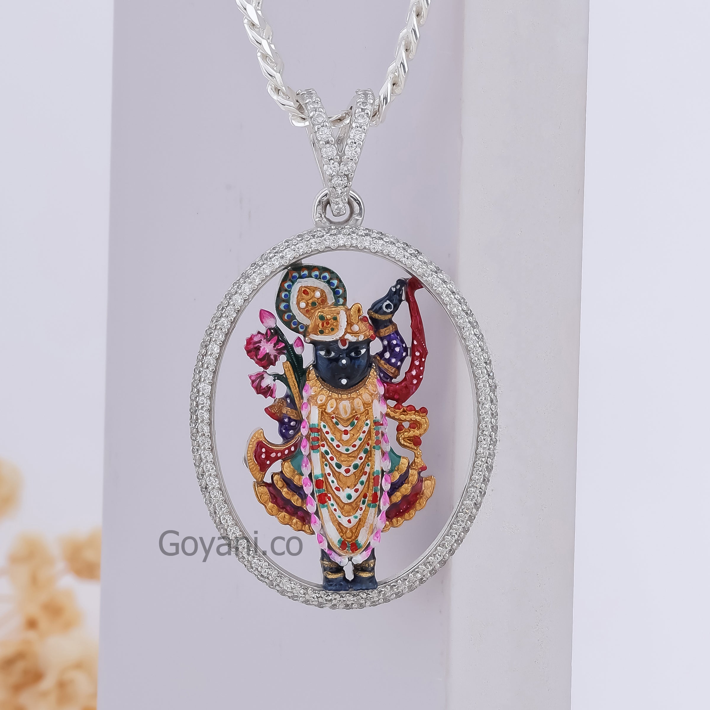 A close-up of the Shrinathji Enamel 925 Silver Pendant highlighting the vibrant colors and divine details.