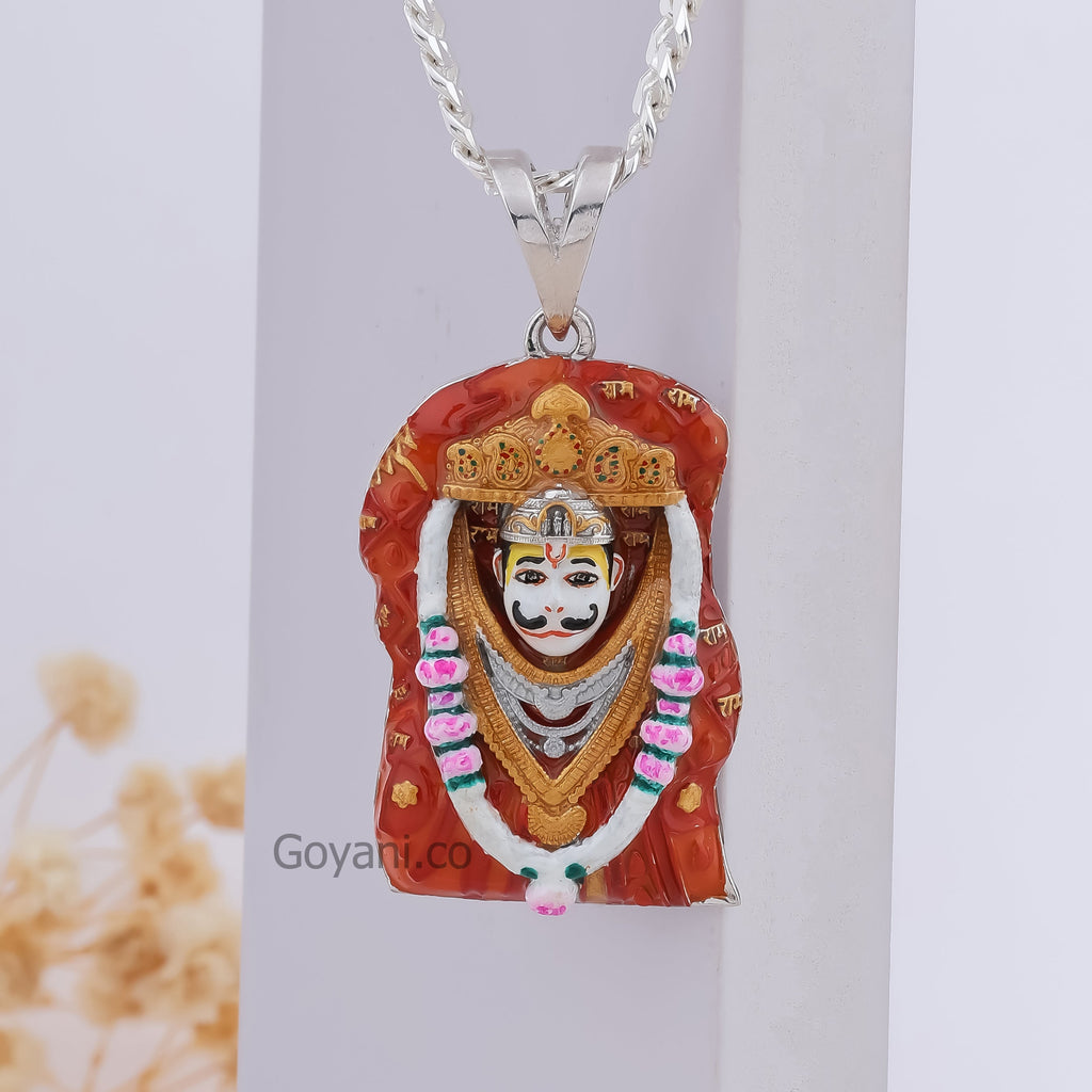 Close-up detail of the enamel Bhurakhiya Hanumanji pendant, highlighting the intricate craftsmanship and pure 925 silver