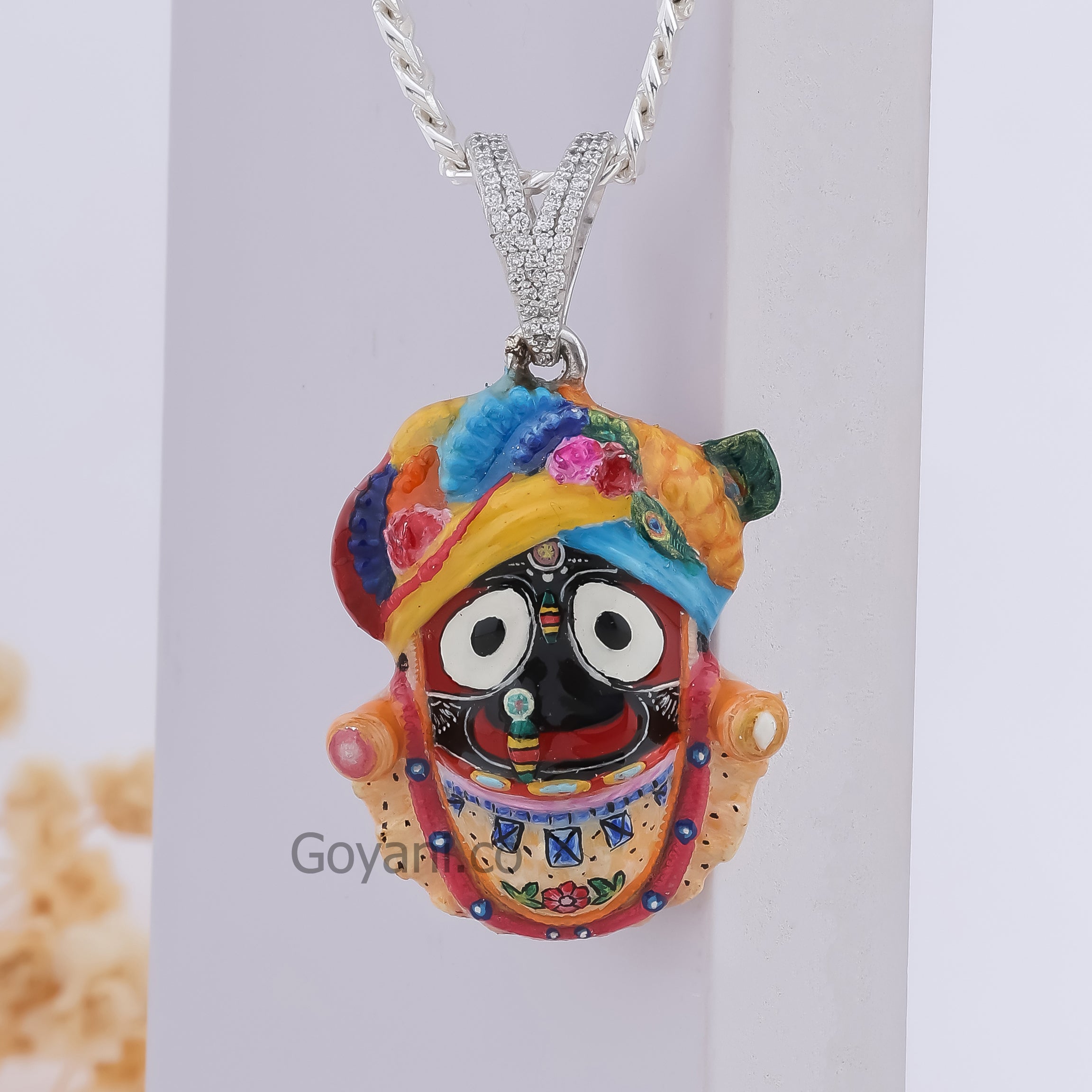 Detailed close-up of the Jagannath Enamel 925 Silver Pendant, showing the intricate craftsmanship and sparkle.