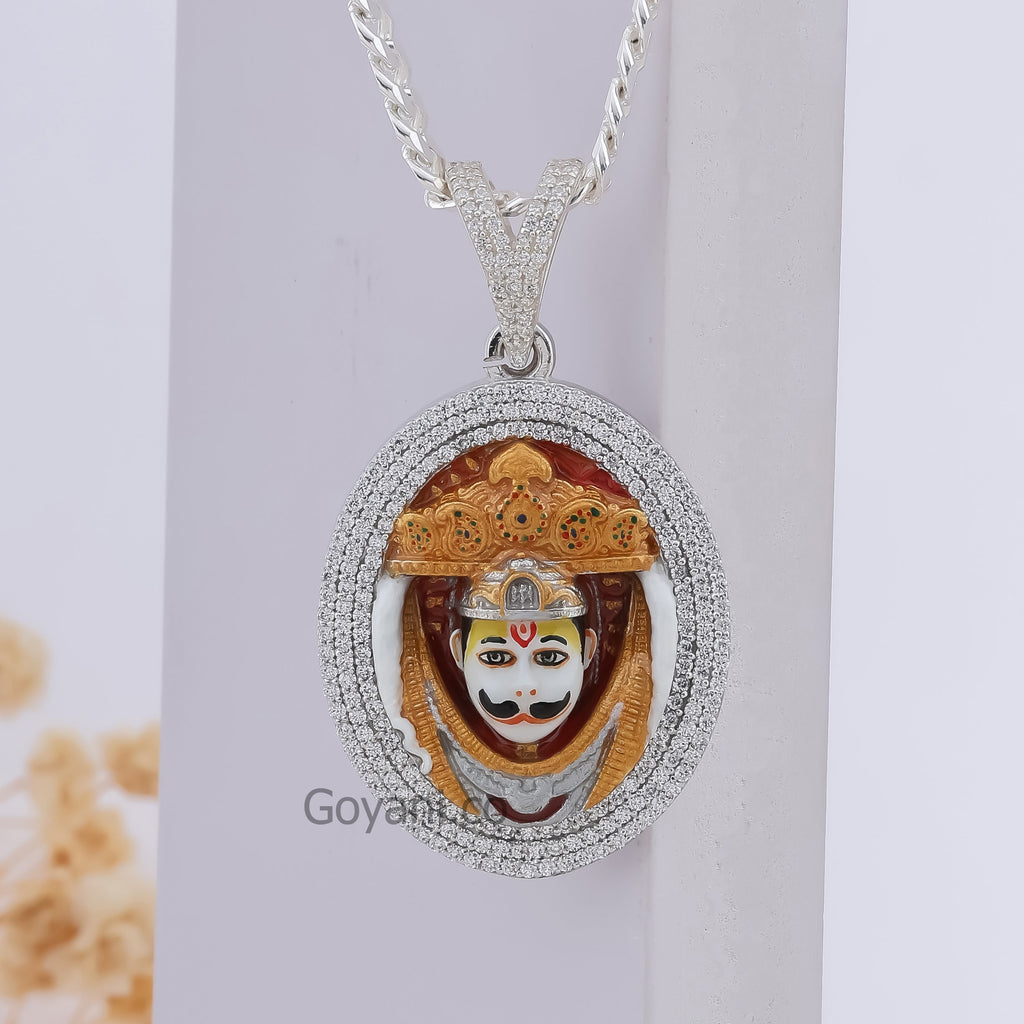 Close-up of the 925 silver Bhurakhiya Hanuman pendant highlighting the sparkling diamonds and colorful enamel.