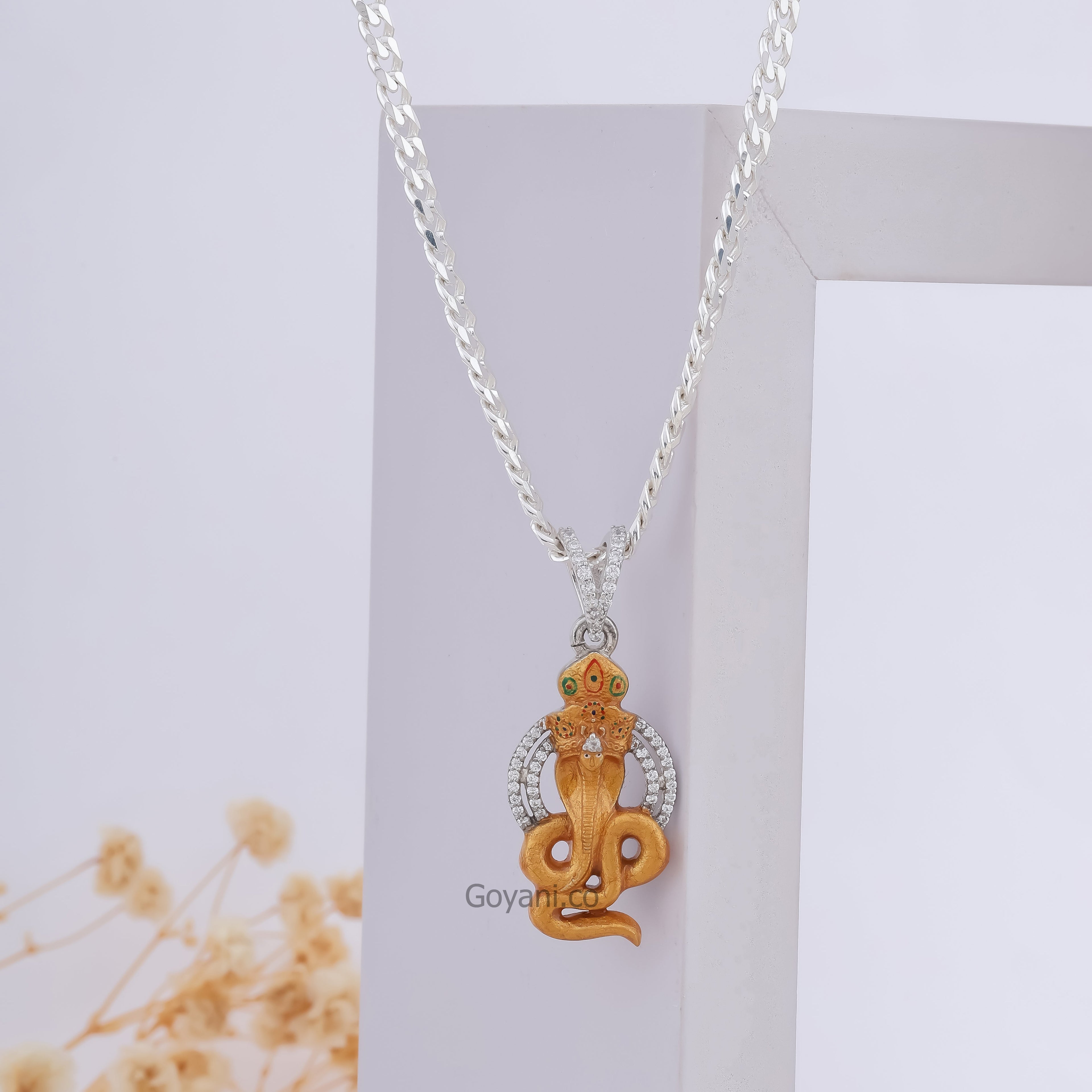 Front view of the Gogaji Maharaj 925 silver pendant showing the detailed enamel work and diamond accents.