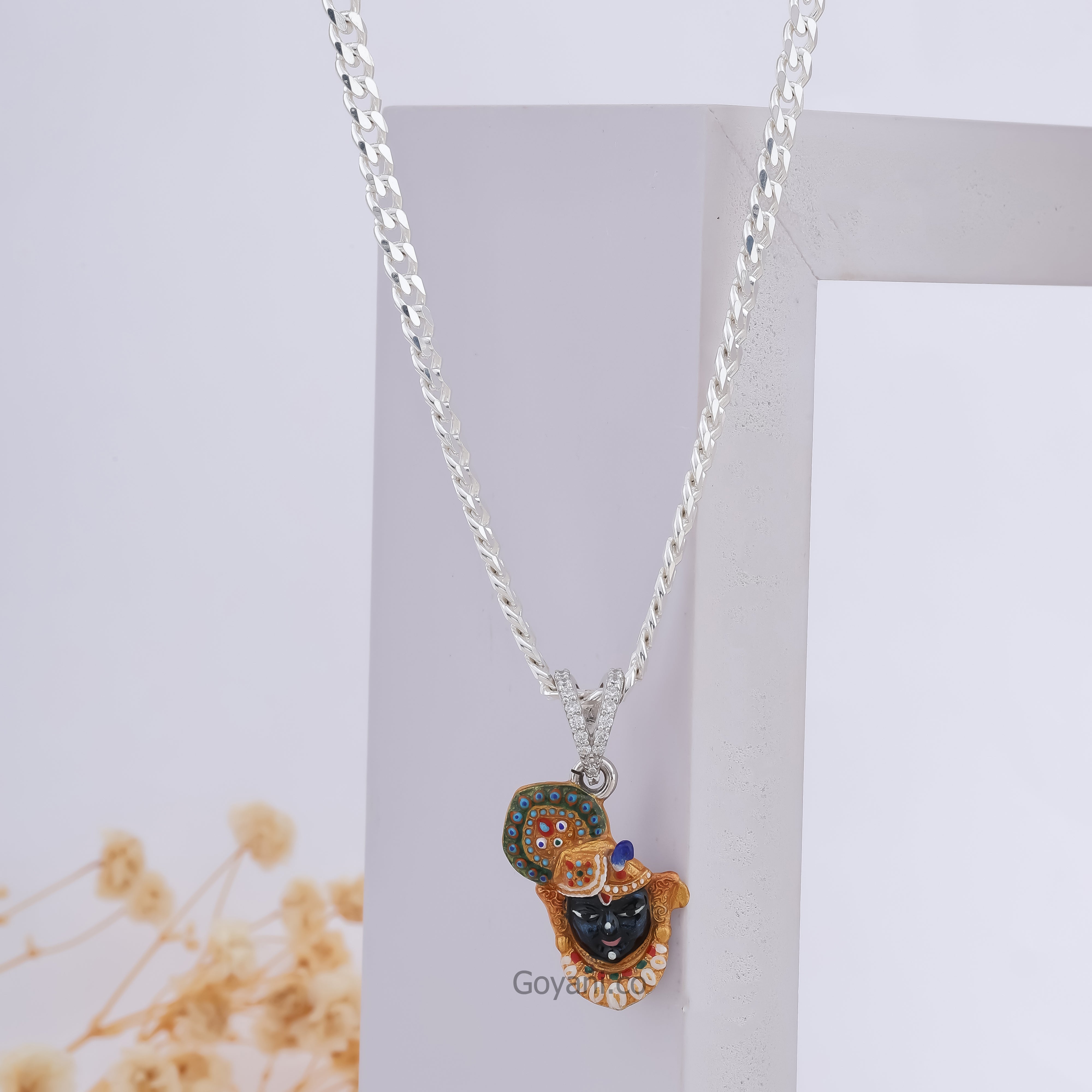 Front view of the Shrinathji Face Enamel 925 Silver Pendant, showing the detailed mina work and divine expression. Main image