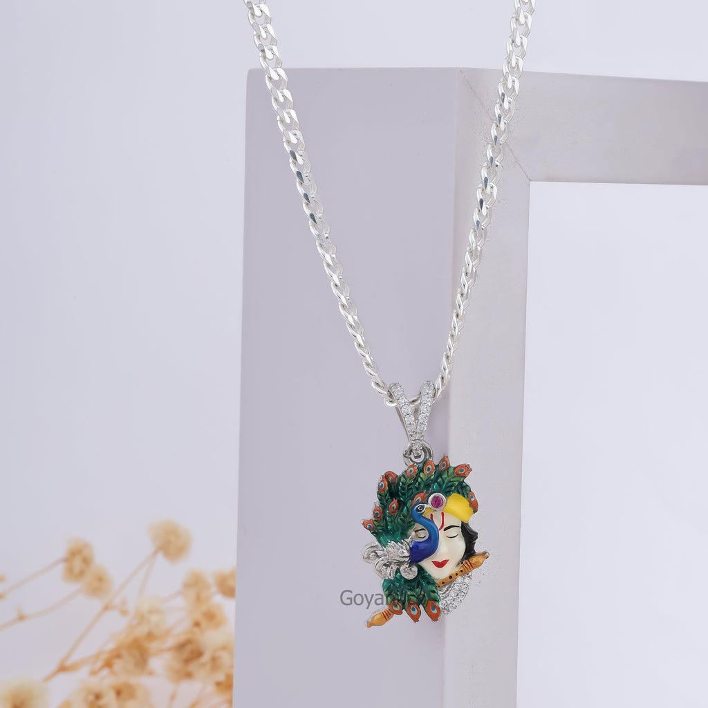 Front view of the Krishna with Peacock Enamel 925 Silver Pendant showing the detailed and colorful mina work.