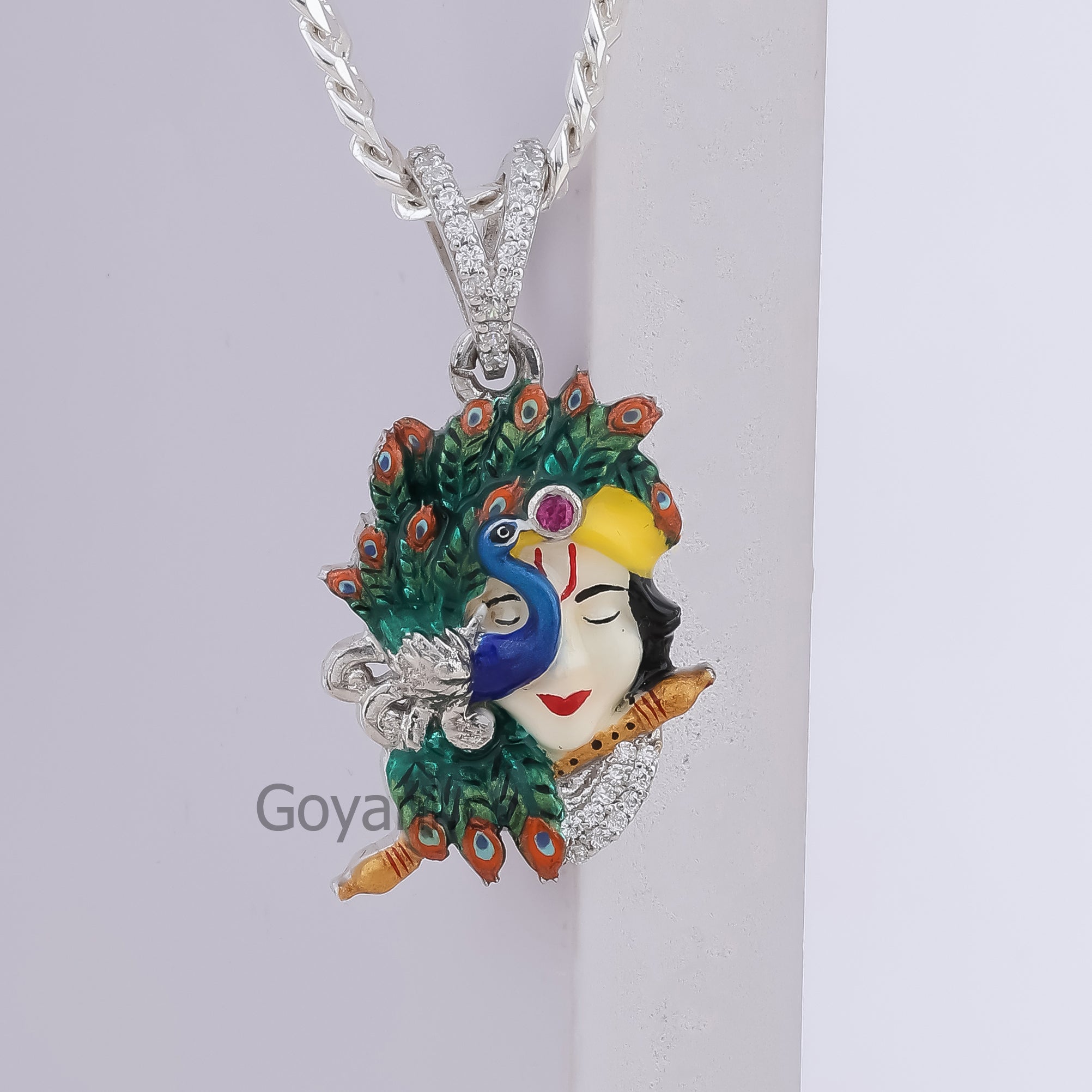 Krishna with Peacock Enamel 925 Silver Pendant Secondary image