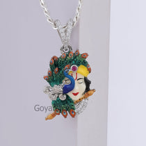 A close-up of the 925 silver Krishna with Peacock Pendant, highlighting the intricate enamel details on the deity.
