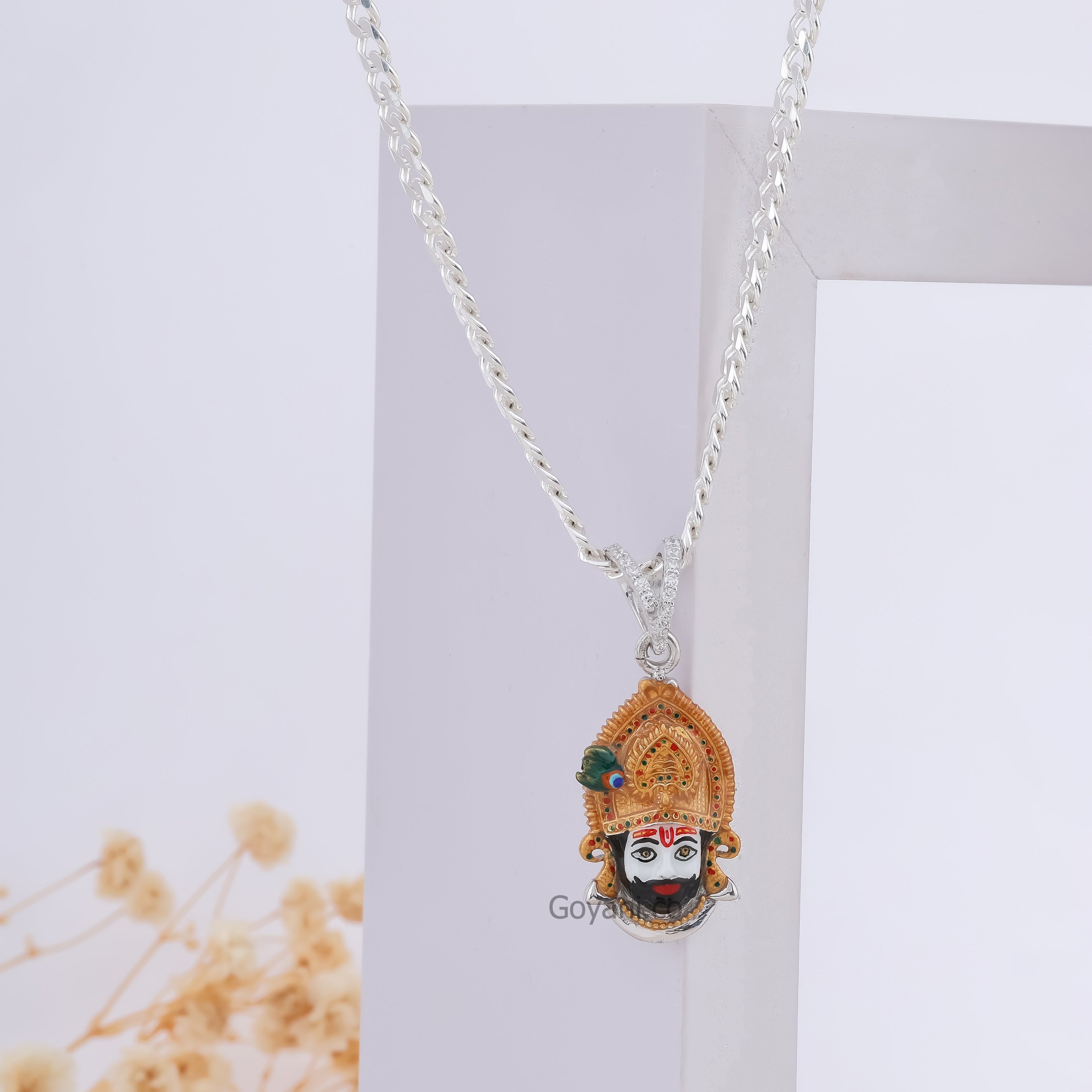 Front view of the Khatu Shyam enamel pendant in 925 silver, showcasing the colorful Mina work and detailed design.