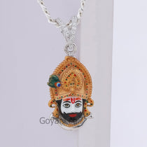 Close-up of the Khatu Shyam 925 silver pendant, highlighting the intricate enamel craftsmanship and radiant silver shine.