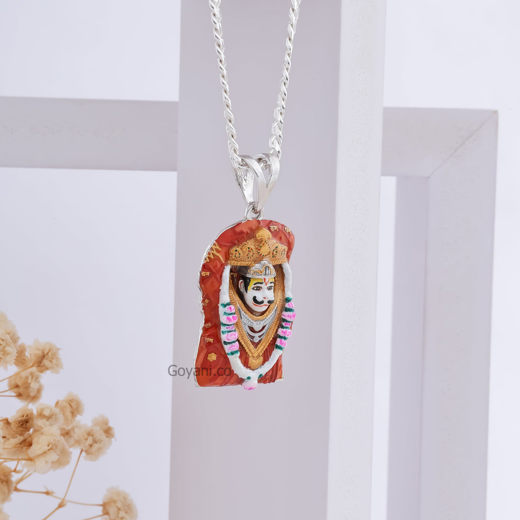 Angled side view of the 40mm Bhurakhiya Hanumanji 925 silver pendant with rich enamel colors, showcasing its devotional