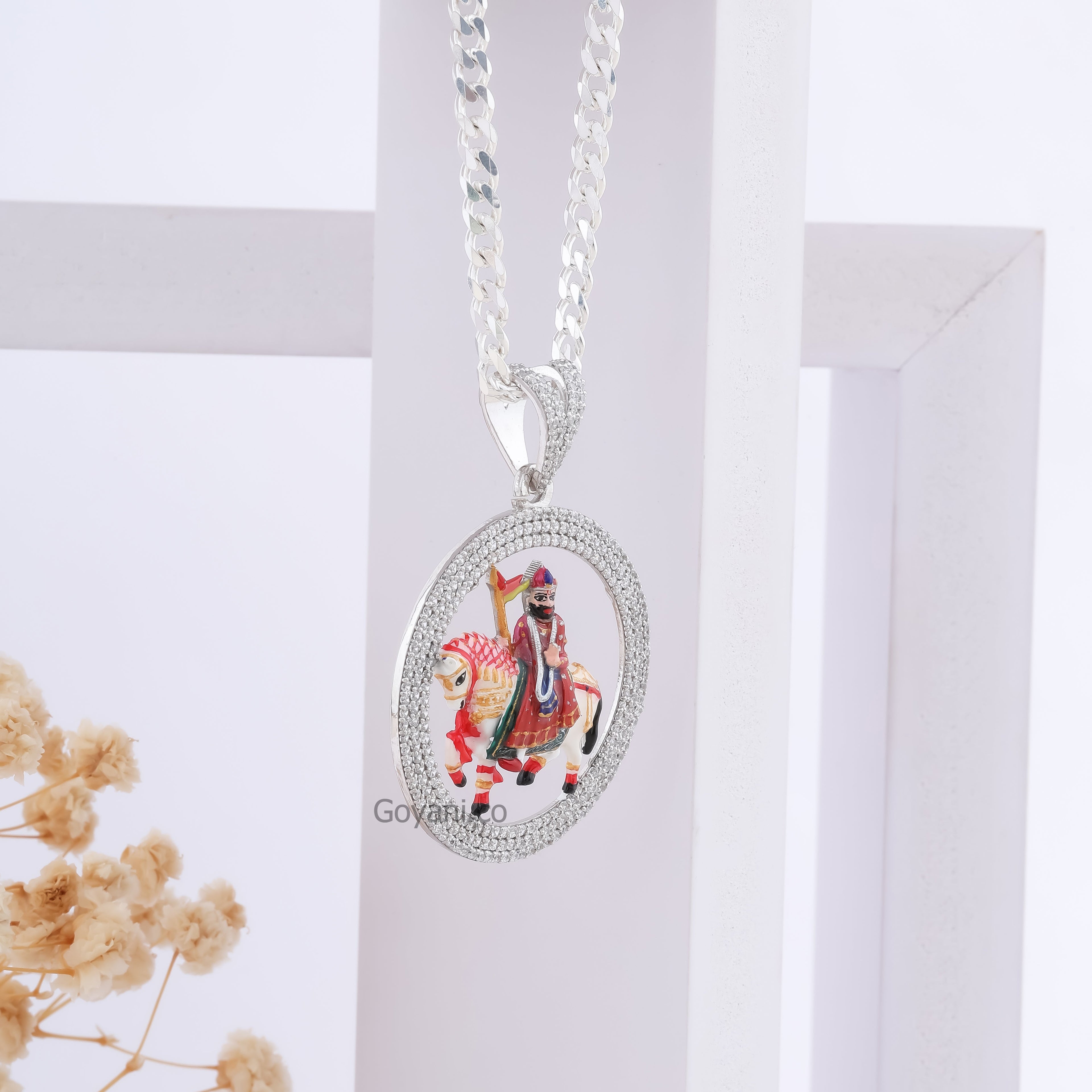 Angled side view of the Ramdev Pir spiritual pendant in 925 silver, displaying its 40mm size and polished finish.