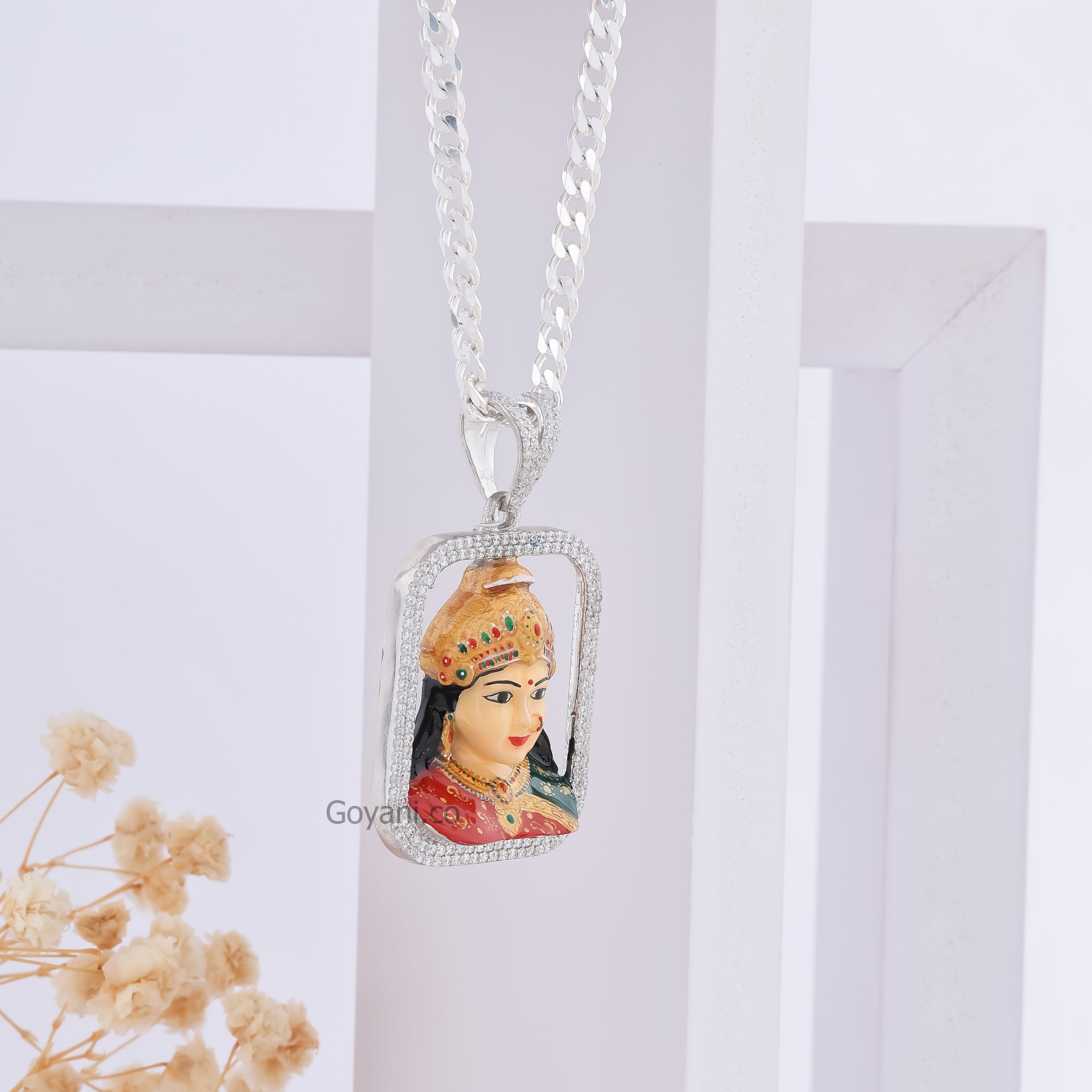 Angled side view of the Chehar Enamel 925 Silver Pendant, displaying its pure silver luster and the depth of the design.