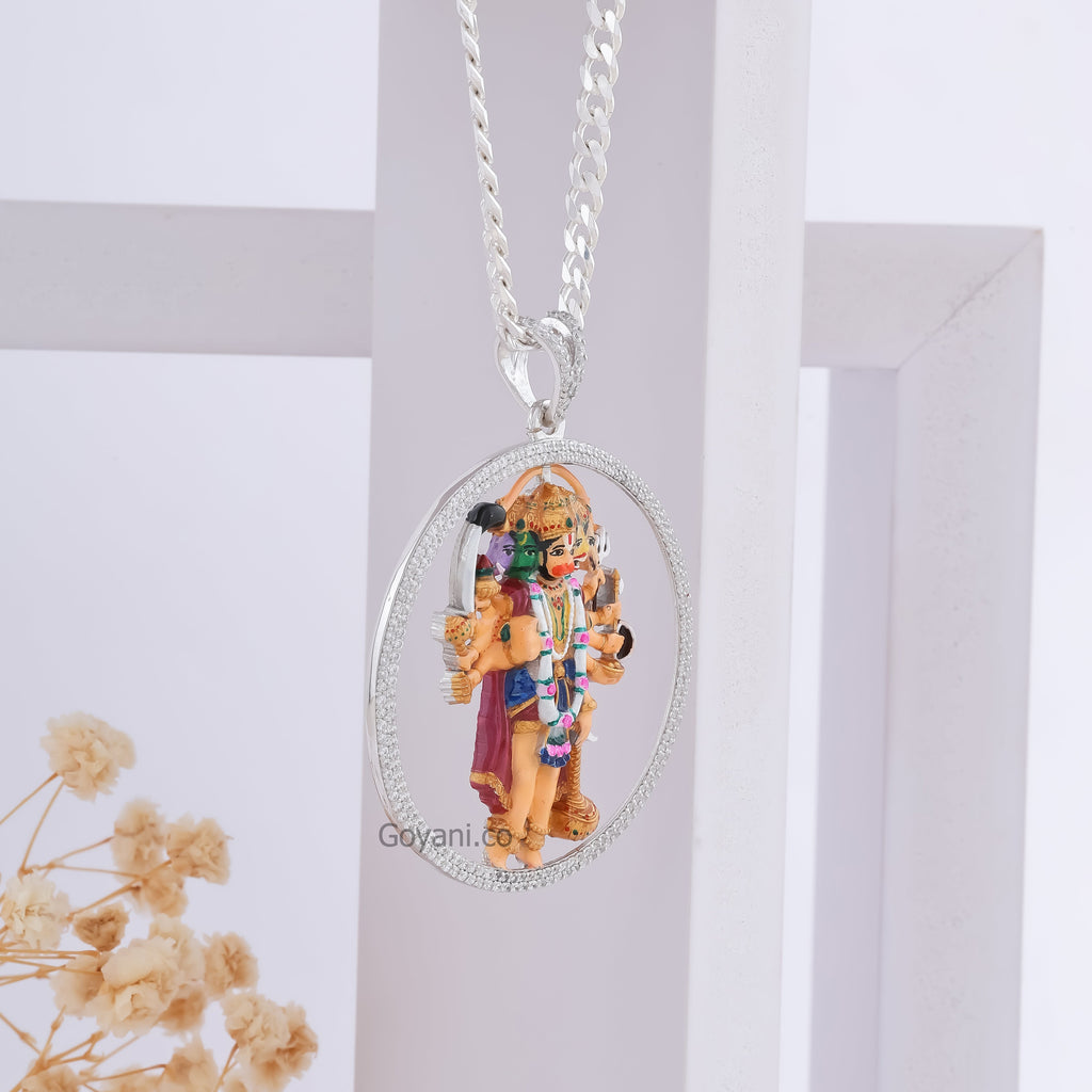 Angled side view of the 2-inch Panchmukhi Hanuman silver pendant, displaying its depth and handcrafted design.
