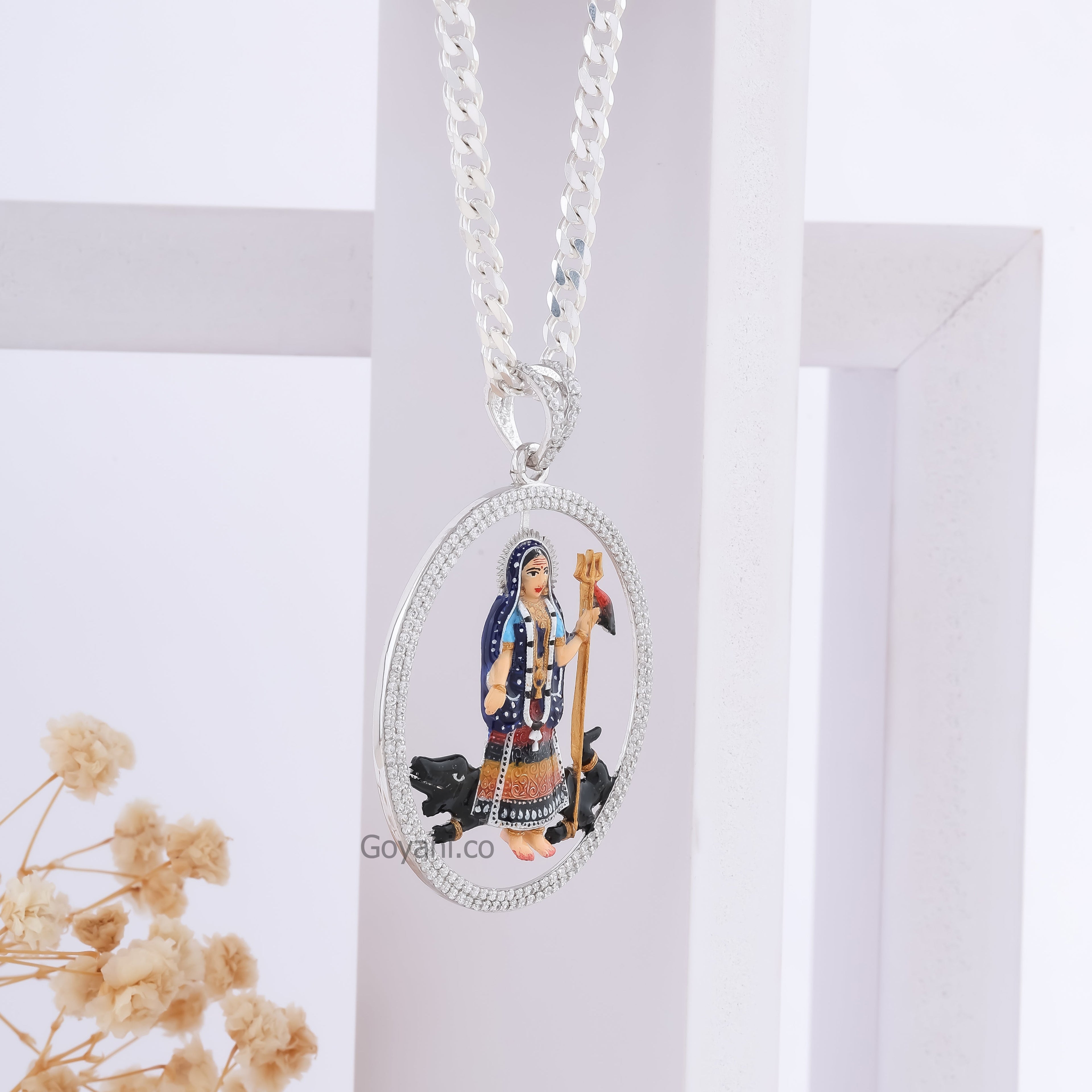 Side profile of the divine Khodiyarmaa 925 Silver Pendant, showing its 47mm size and premium craftsmanship.