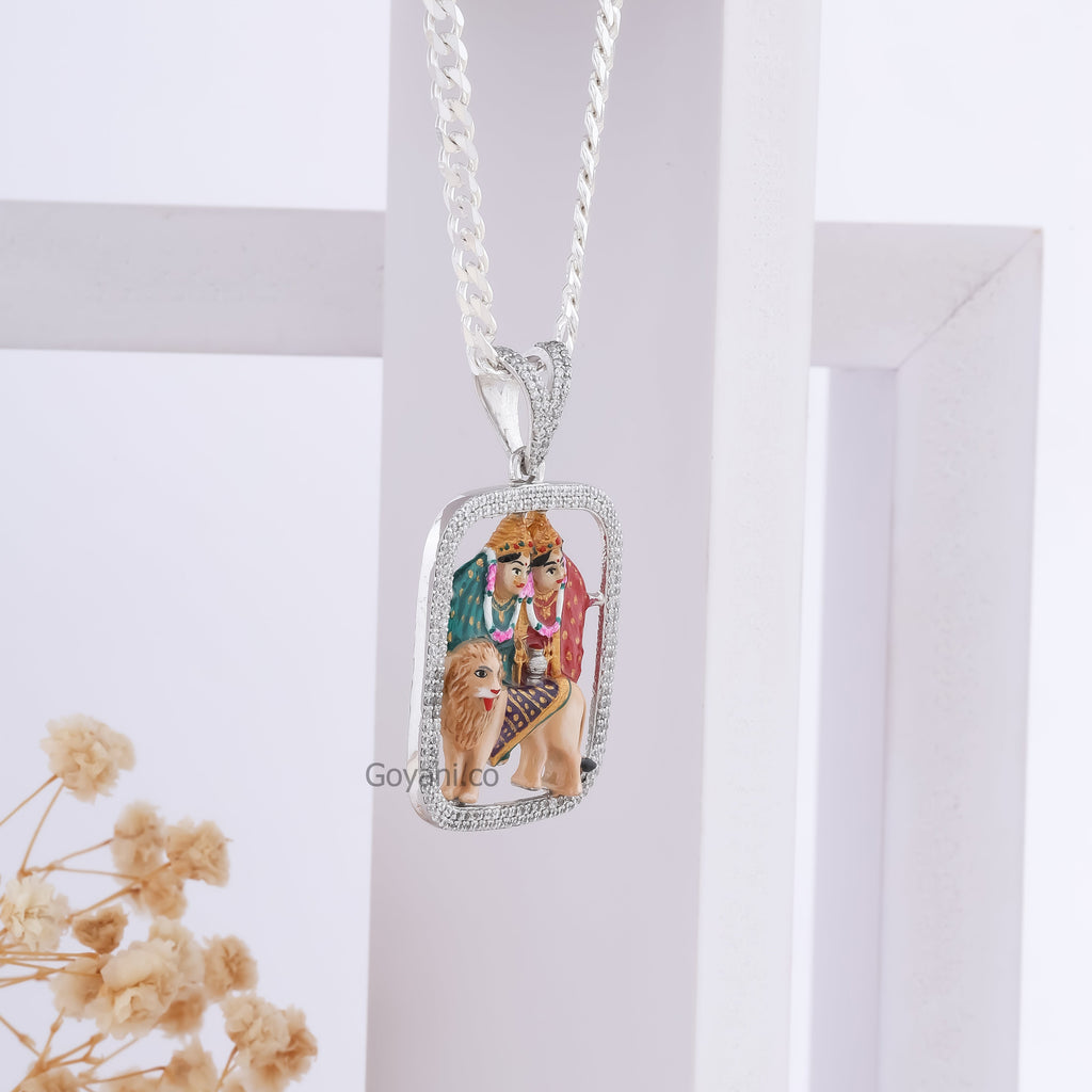 Close-up detail of the Enamelled Chamudamaa 925 Silver Pendant's intricate enamel and sparkling diamonds.