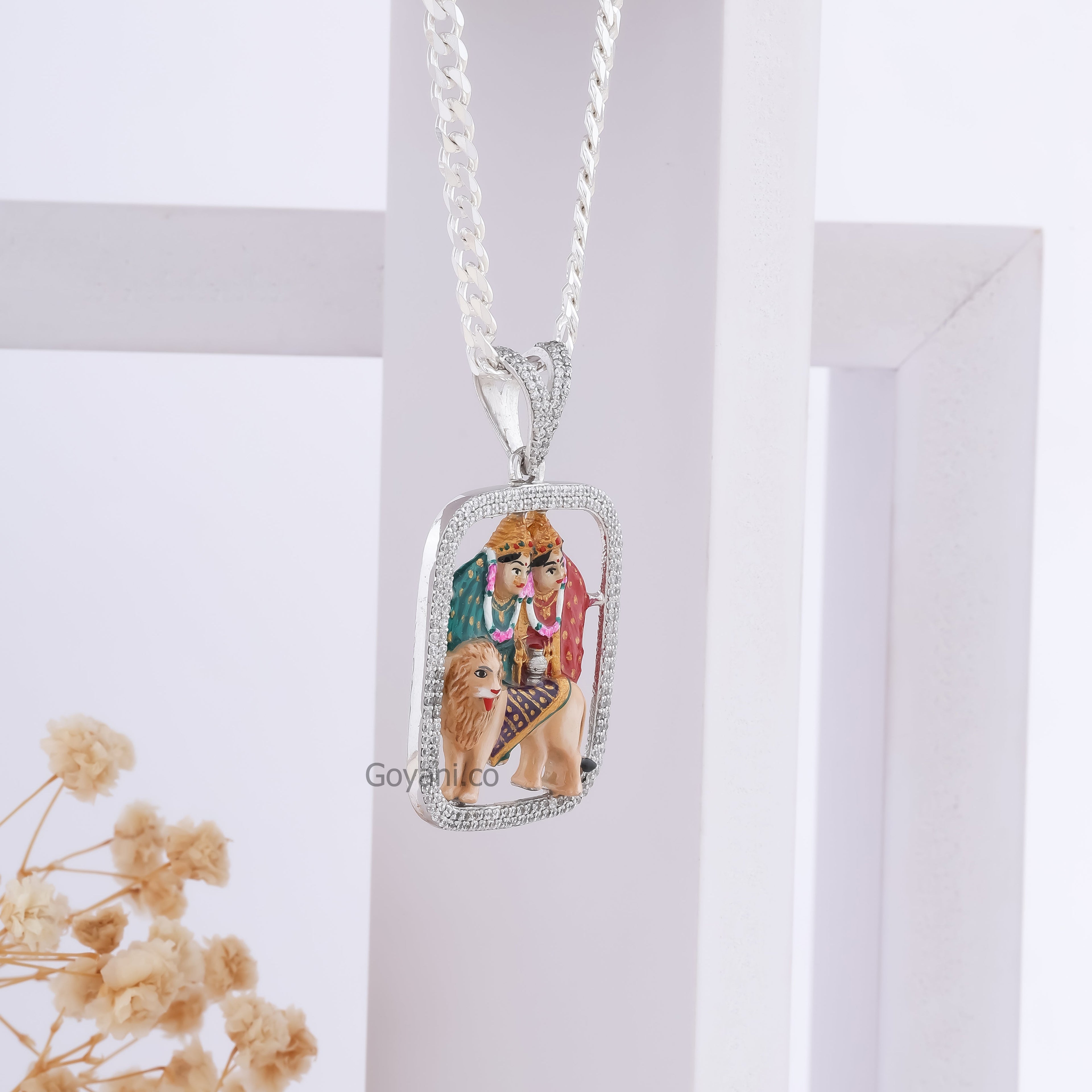 Close-up detail of the Enamelled Chamudamaa 925 Silver Pendant's intricate enamel and sparkling diamonds.