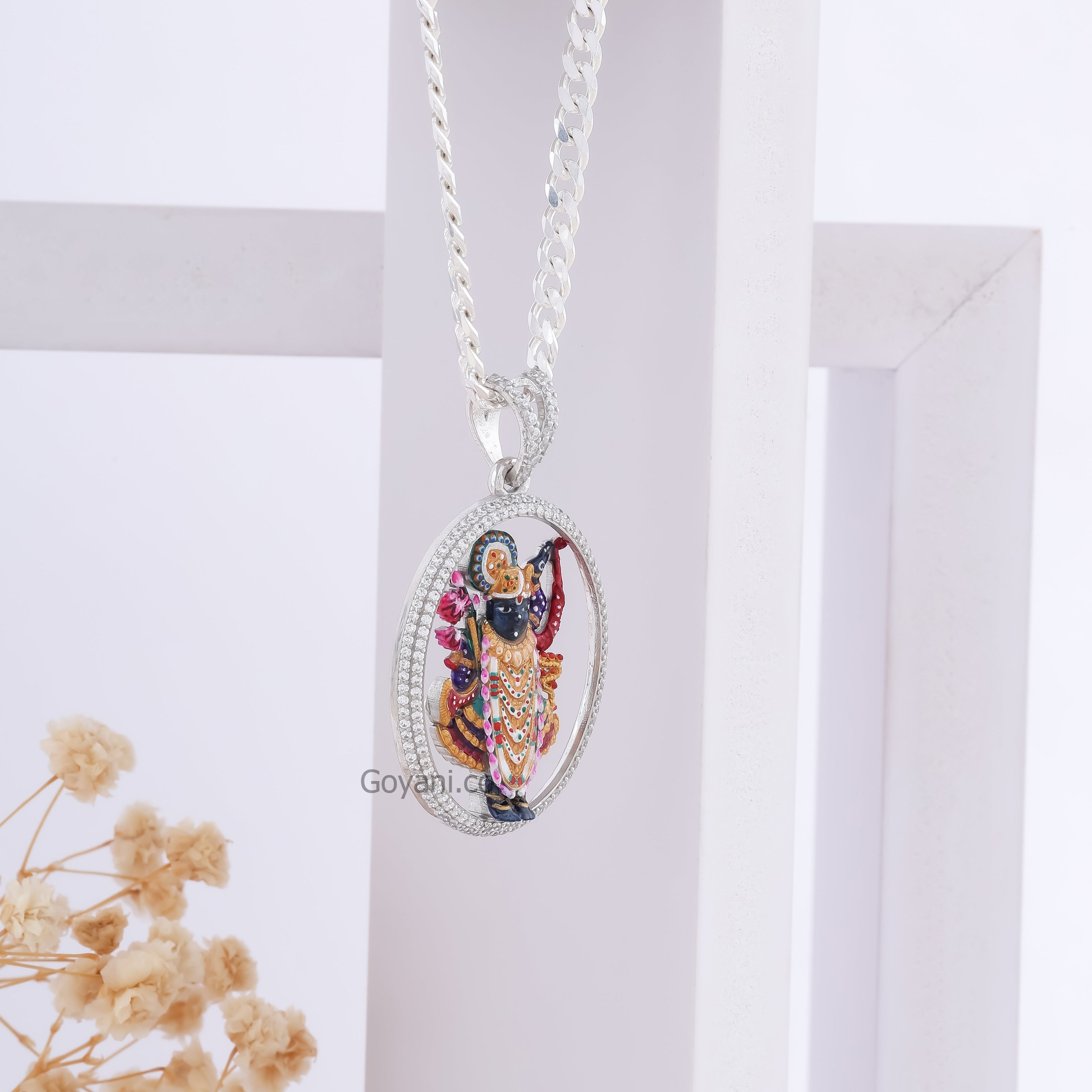 Angled shot of the Shrinathji 925 Silver Pendant with diamonds, showing its high-shine finish and craftsmanship.
