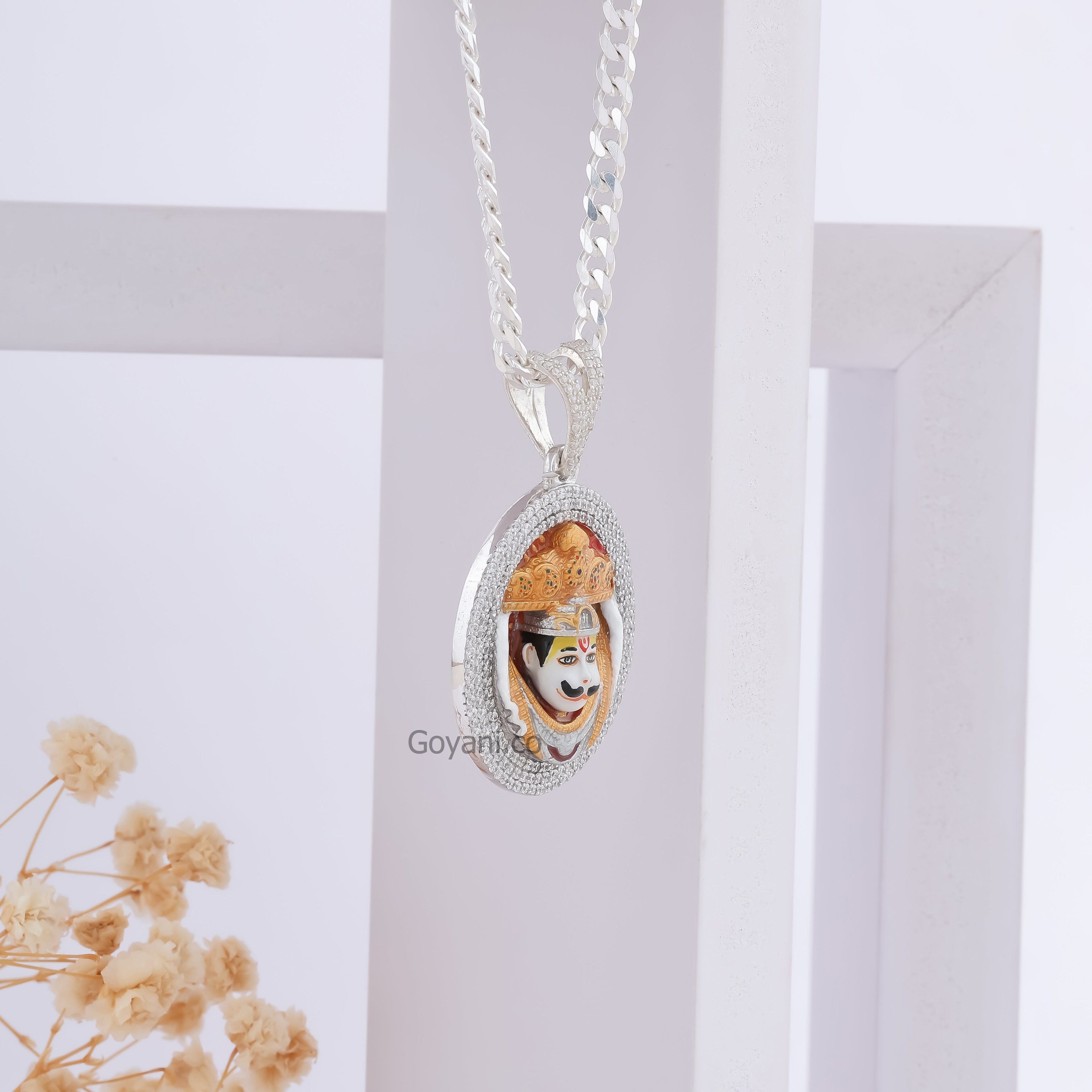 Angled view of the Bhurakhiya Hanuman pendant, showcasing the 35mm size and pure 925 silver craftsmanship.