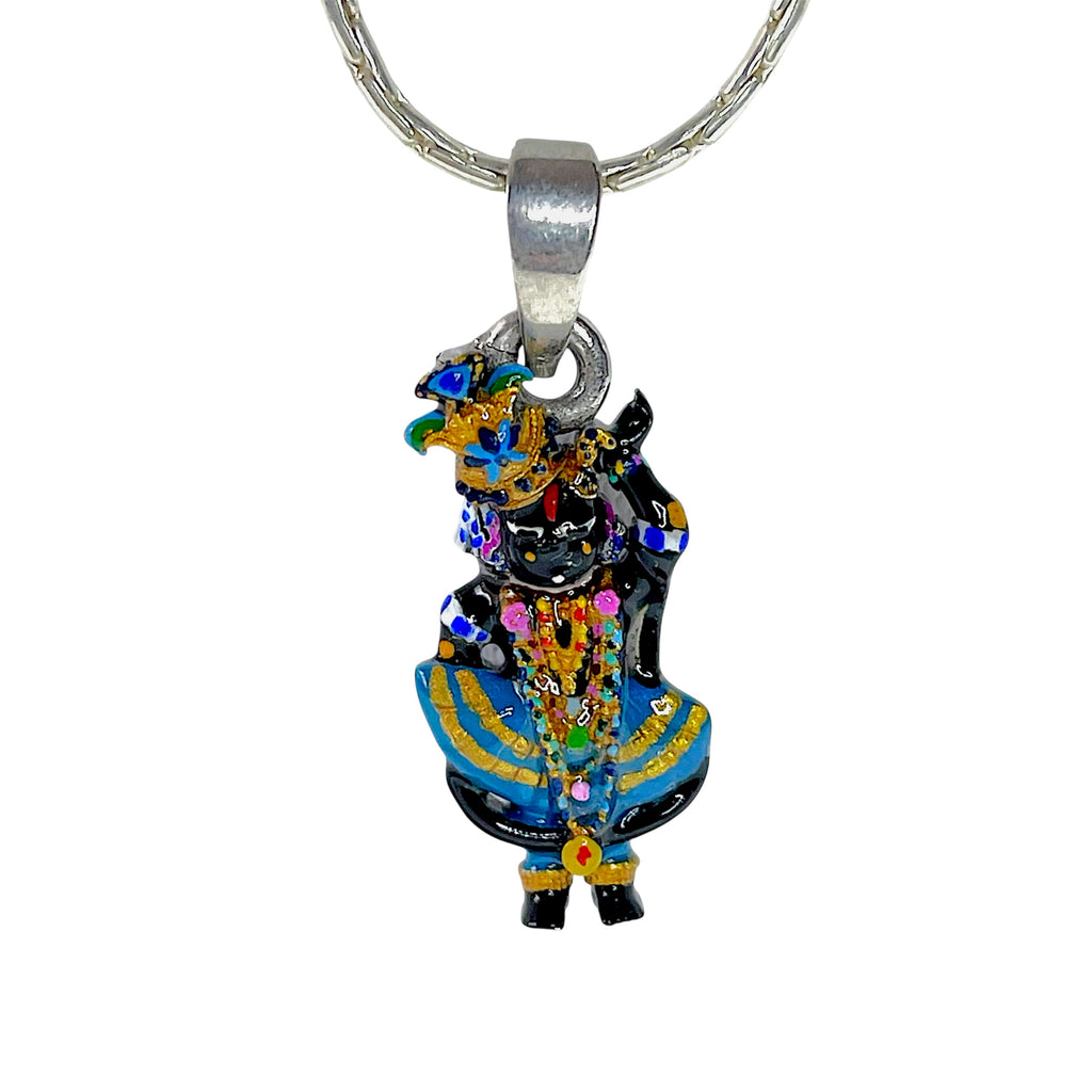 Front view of 925 sterling silver Shri Girdhar Lal Ji pendant with vibrant Meena enamel work by Alankar.