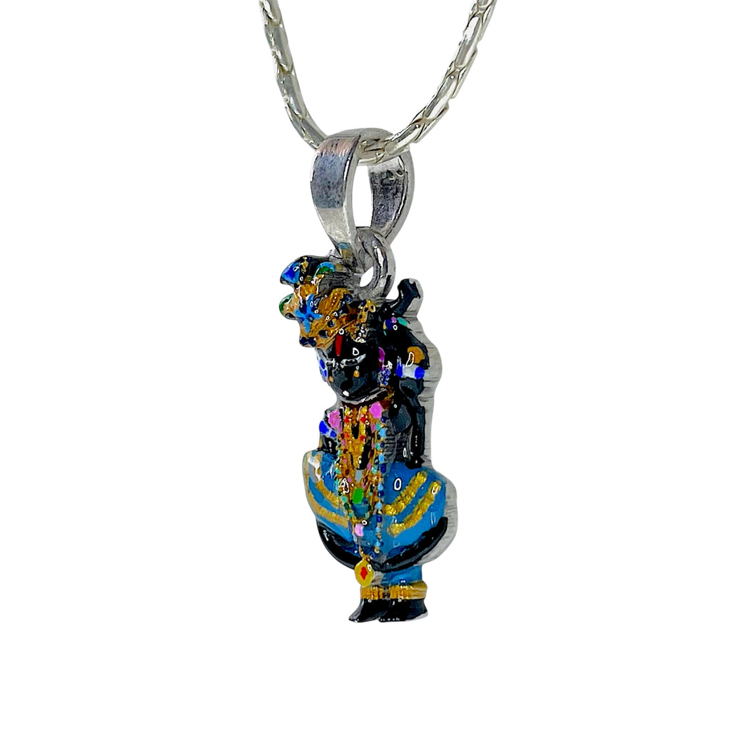 Side profile showing the premium finish of the pure 925 silver Lord Krishna Girdhar Lal Ji pendant.