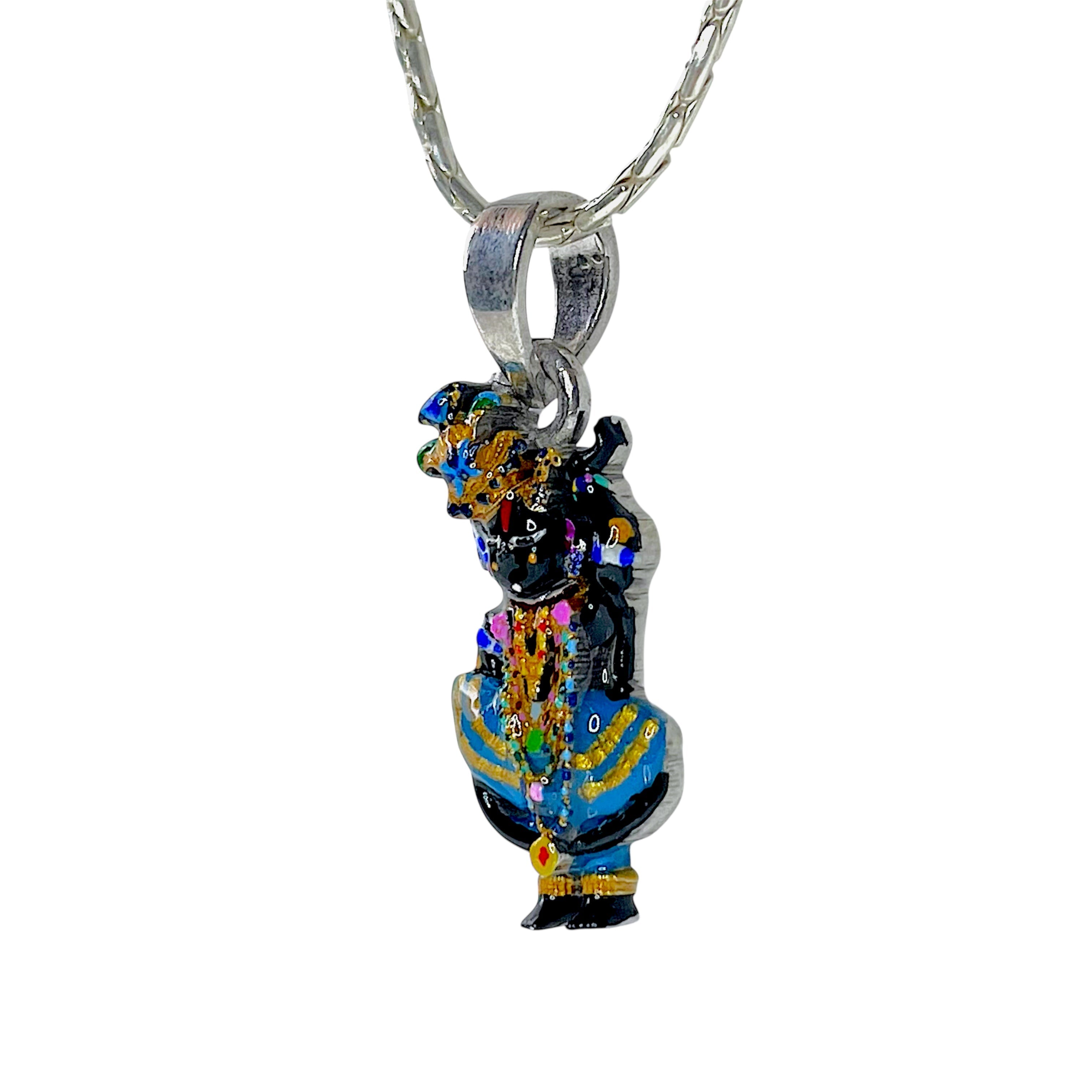 Side profile showing the premium finish of the pure 925 silver Lord Krishna Girdhar Lal Ji pendant.