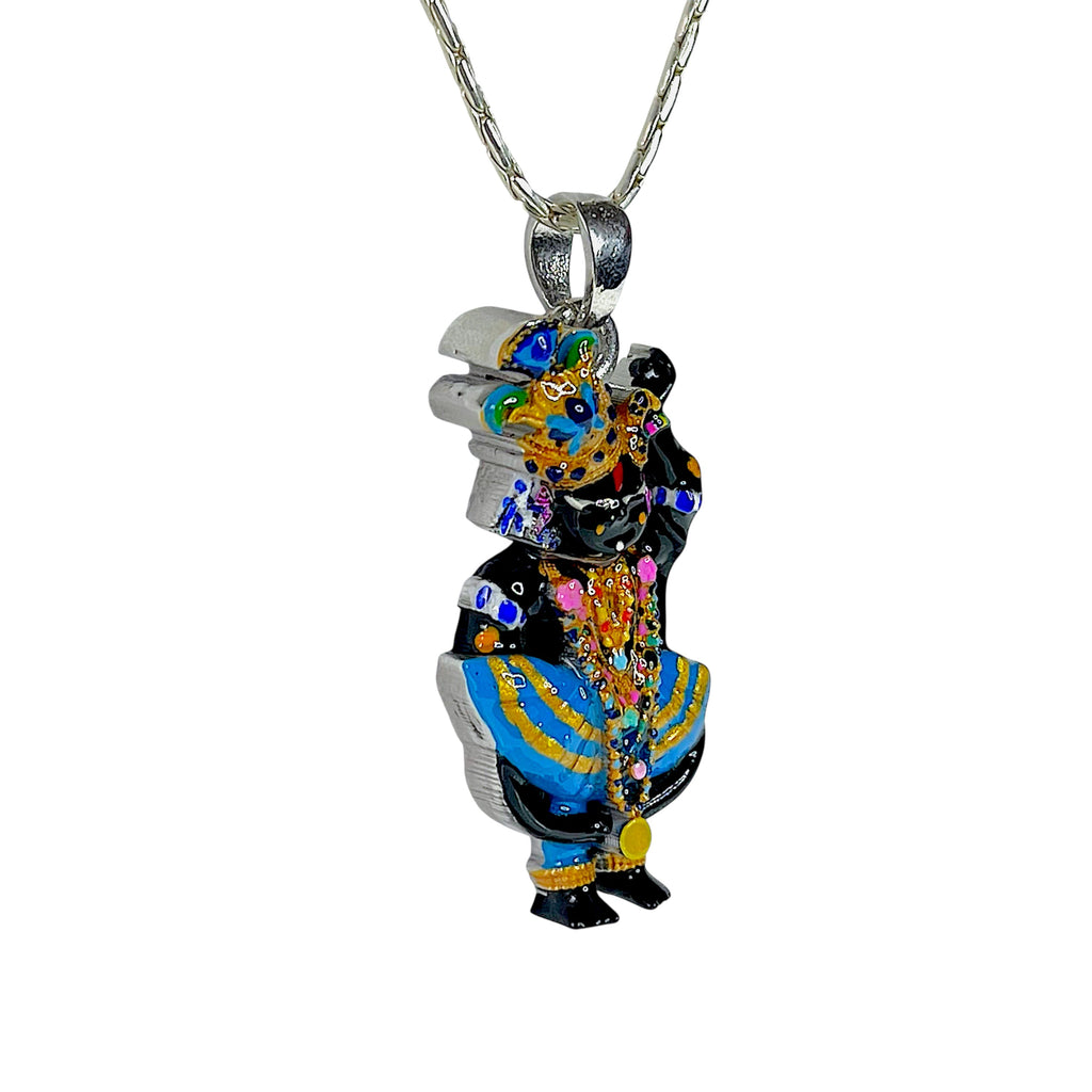 Worn look of the 40mm 925 silver Shri Girdhar Lal Ji Krishna pendant, ideal for spiritual daily wear.