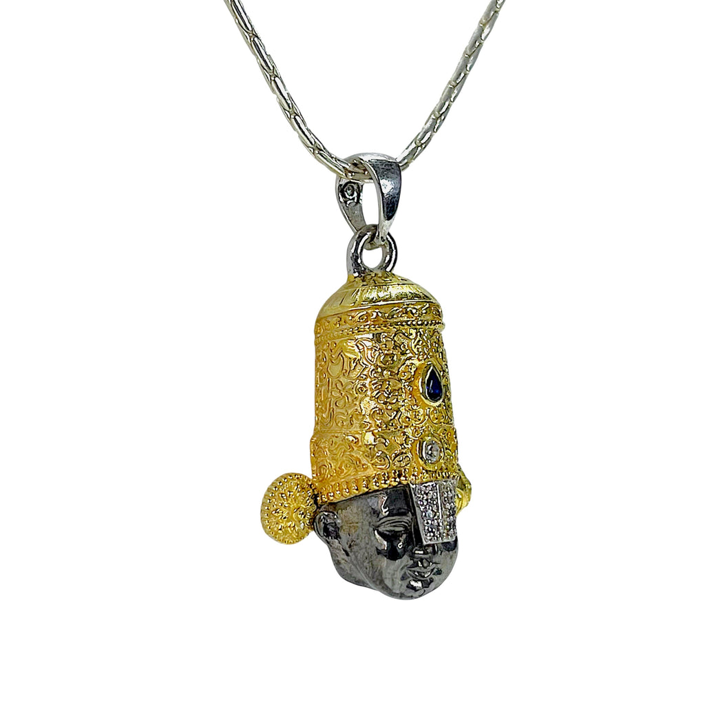 Angled profile of the 925 silver Tirupati Balaji pendant showcasing the 3D craftsmanship and polished finish.