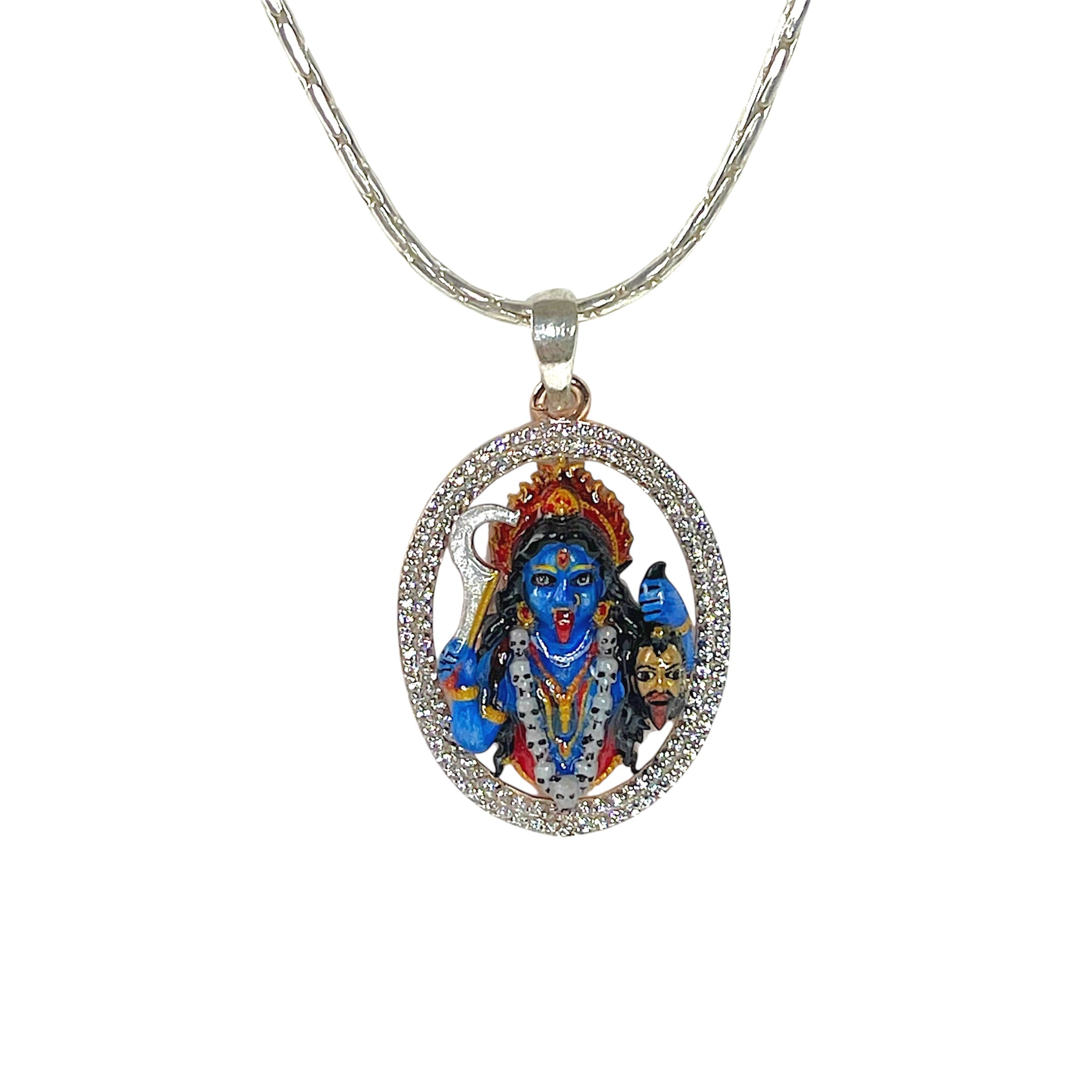 Front view of the 925 Sterling Silver Kali Maa pendant featuring intricate premium Mina and diamond work.