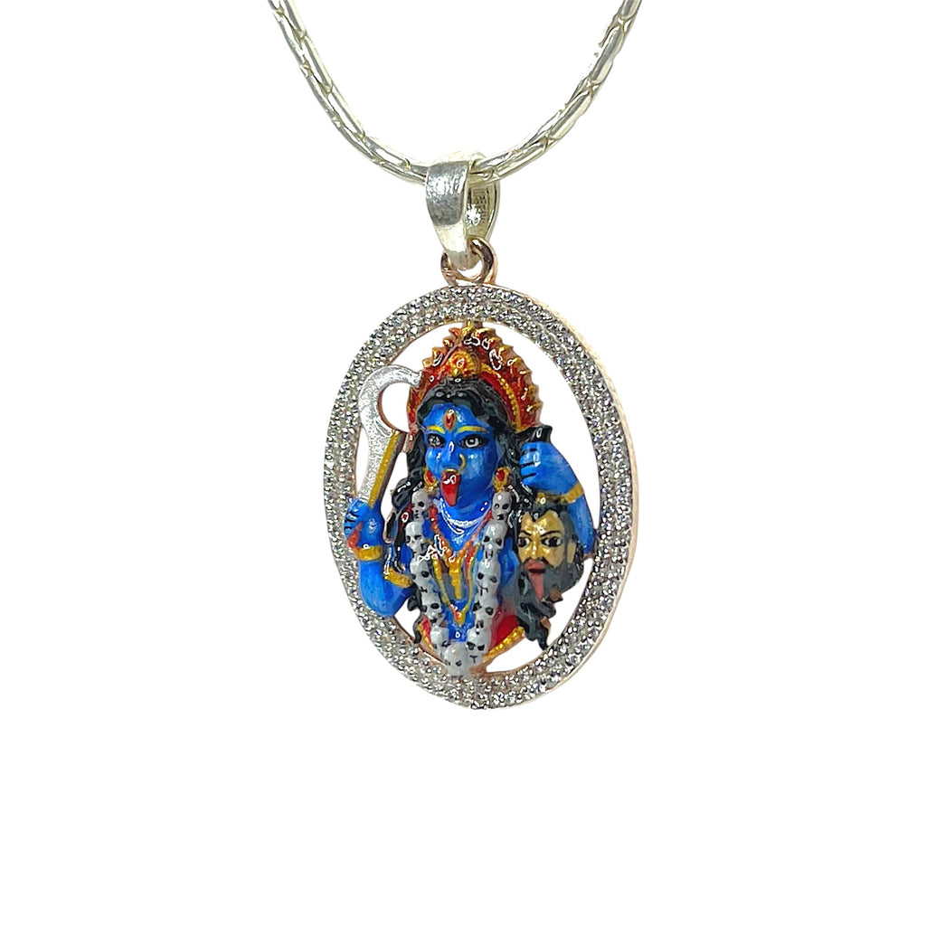 Angled view of the lightweight 925 silver Kali Mata pendant highlighting the fine craftsmanship for daily wear.