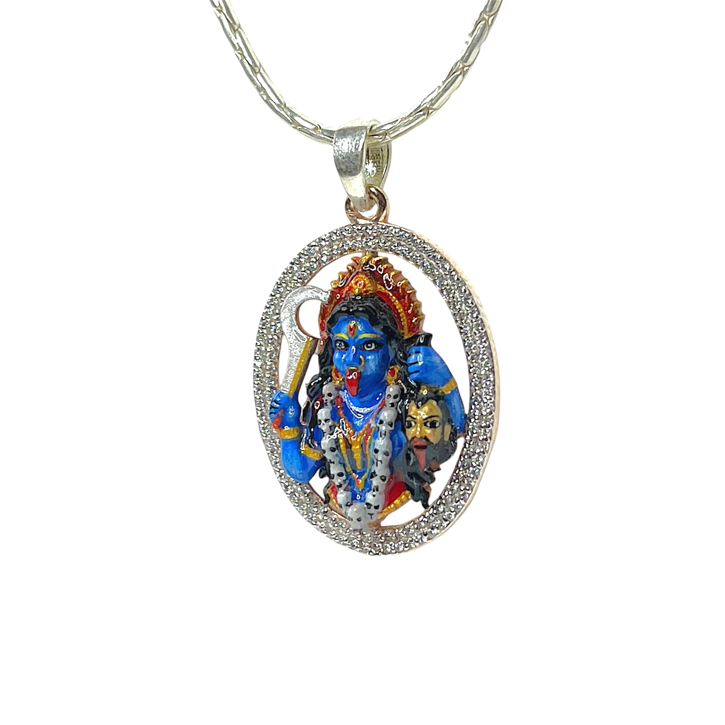 Angled view of the lightweight 925 silver Kali Mata pendant highlighting the fine craftsmanship for daily wear.