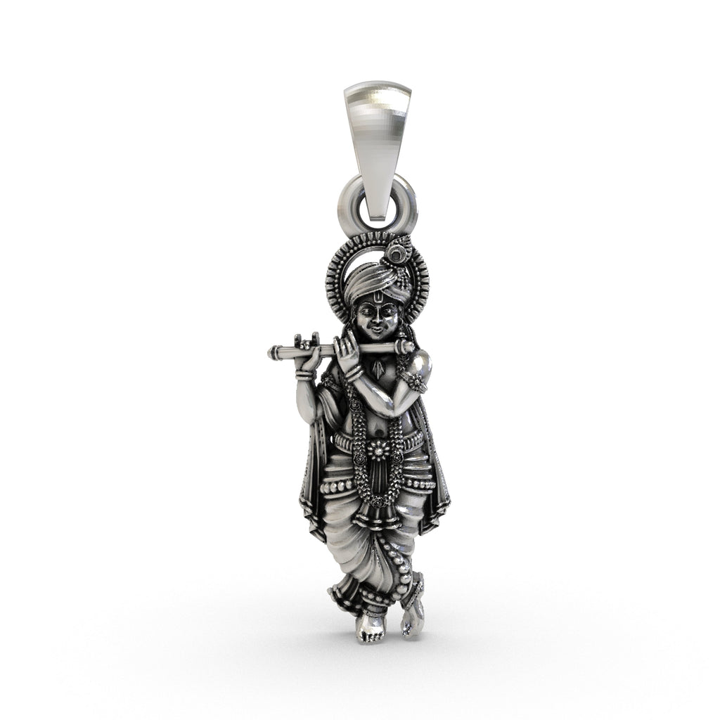 Front view of a beautifully detailed 925 Silver Krishna Pendant showing the Hindu god playing his flute.