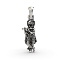Front view of a beautifully detailed 925 Silver Krishna Pendant showing the Hindu god playing his flute.