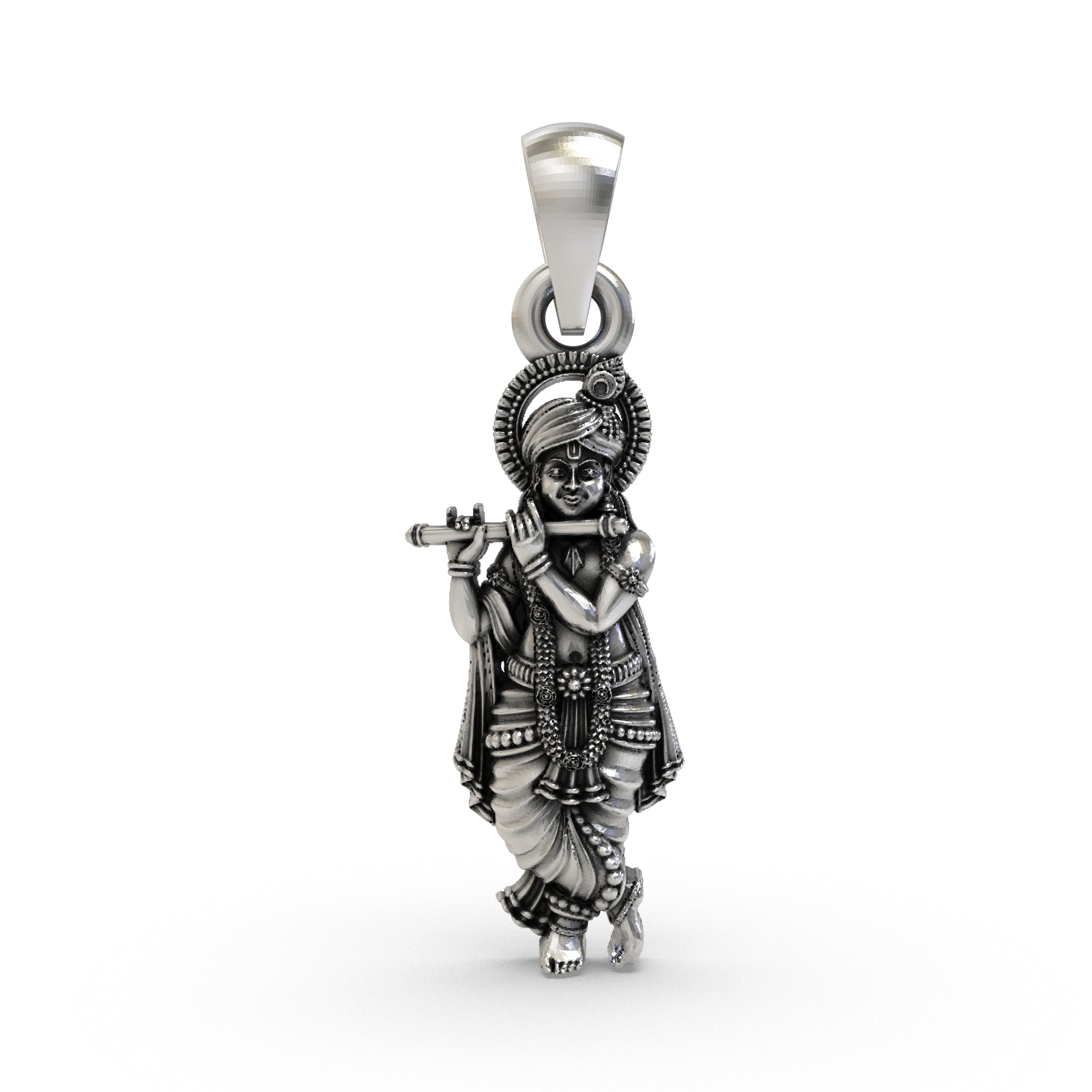 Front view of a beautifully detailed 925 Silver Krishna Pendant showing the Hindu god playing his flute.