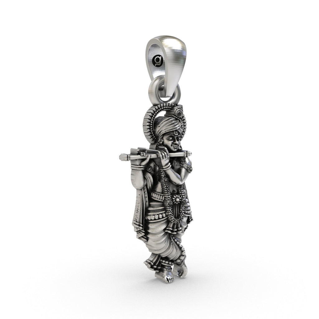 Close-up detail of the Lord Krishna pendant in 925 silver, highlighting the intricate spiritual design.